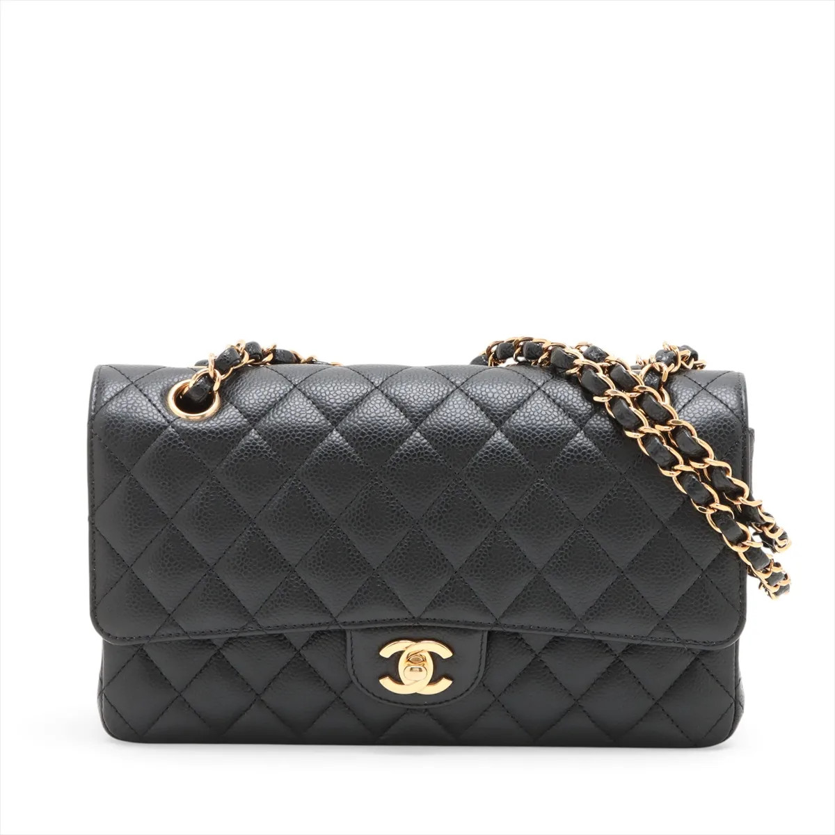 Chanel Matelasse 25 Caviar Skin Double Flap Double Chain Bag Black Gold Metal Fi