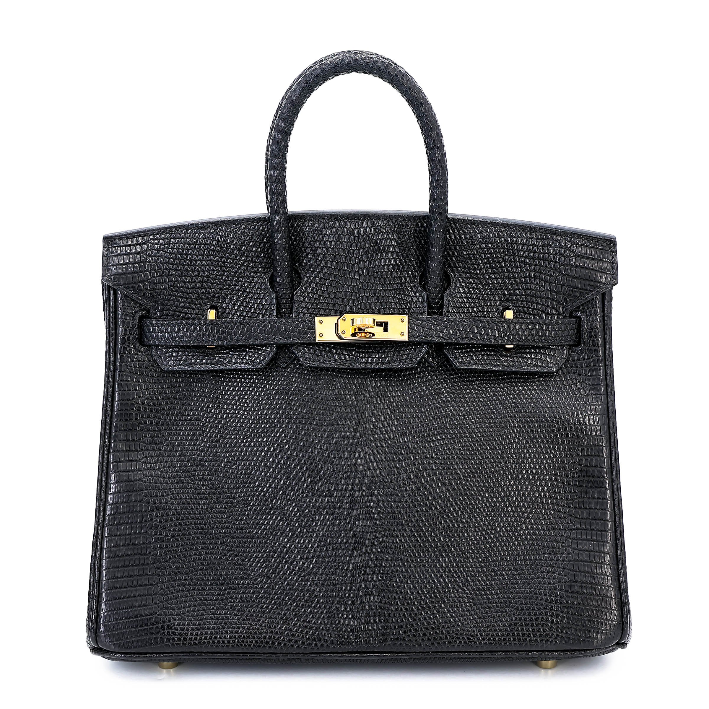 Very Good ( Rank A) HERMÈS Birkin 25 Noir (89) Lizard Gold hardware Square M (2009)