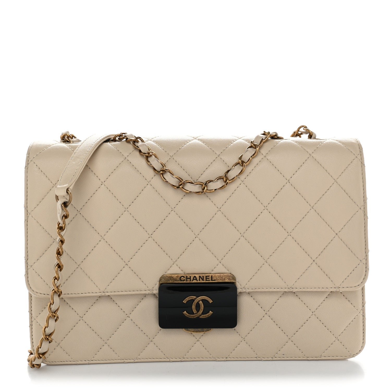 Chanel Sheepskin Quilted Large Beauty Lock Flap Light Beige
