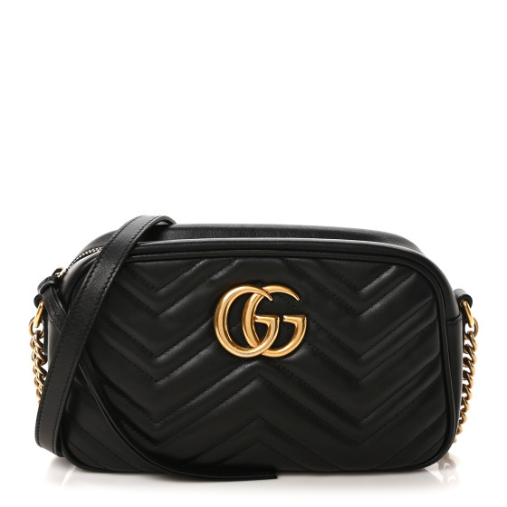 Gucci Calfskin Matelasse Small GG Marmont Chain Shoulder Bag Black