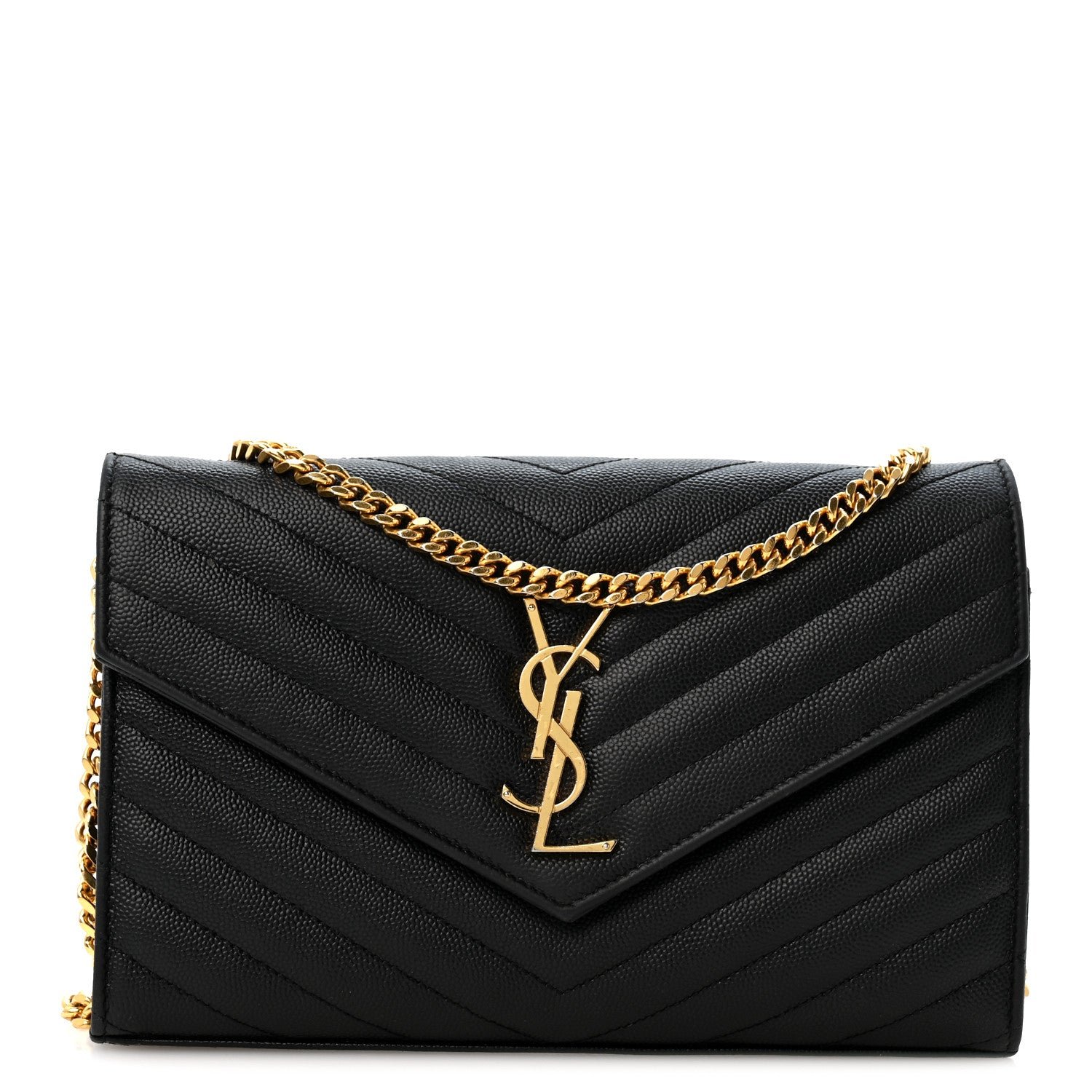 Saint Laurent Grain De Poudre Matelasse Chevron Monogram Chain Wallet Black