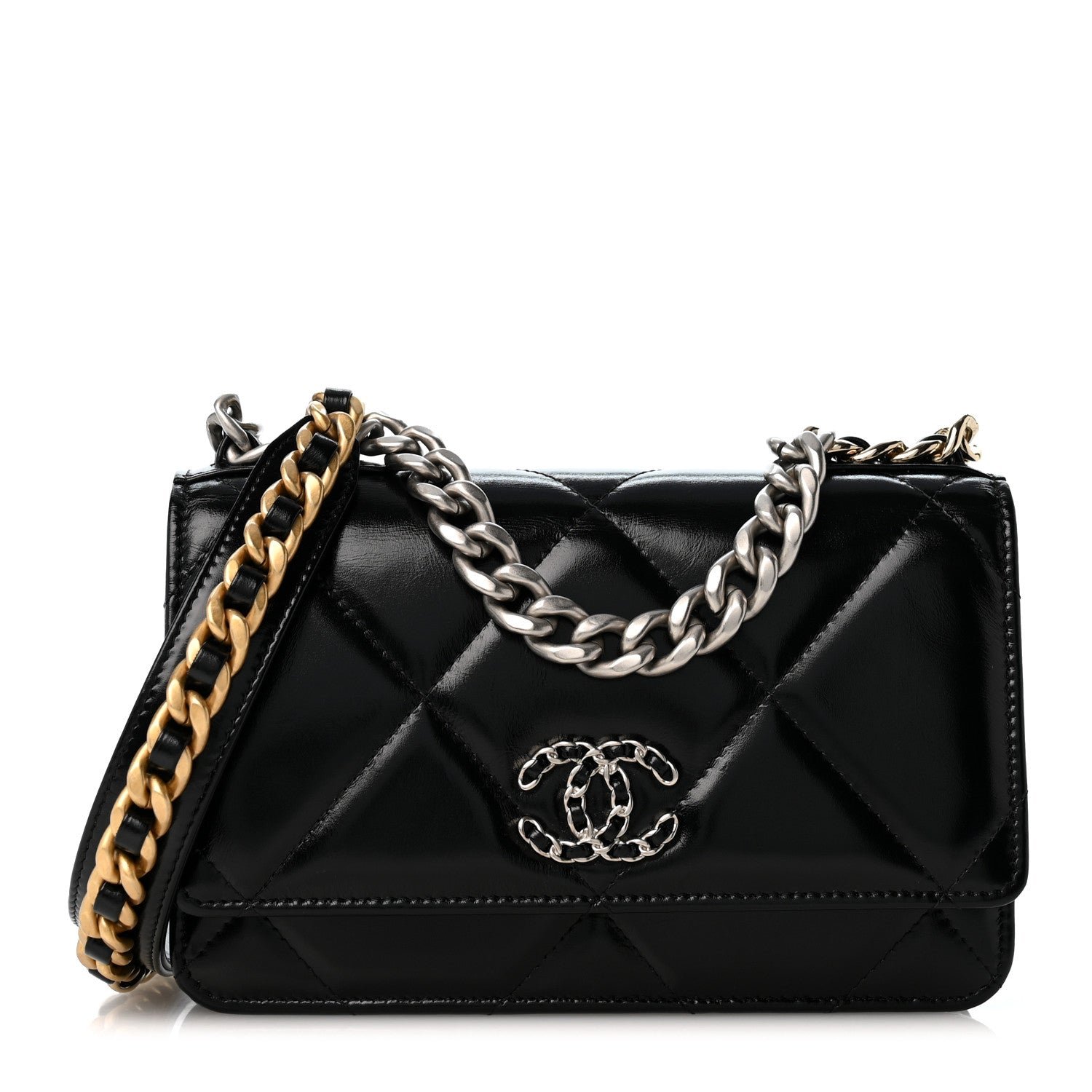 Shiny Crumpled Calfskin Quilted Chanel 19 Wallet On Chain WOC Black