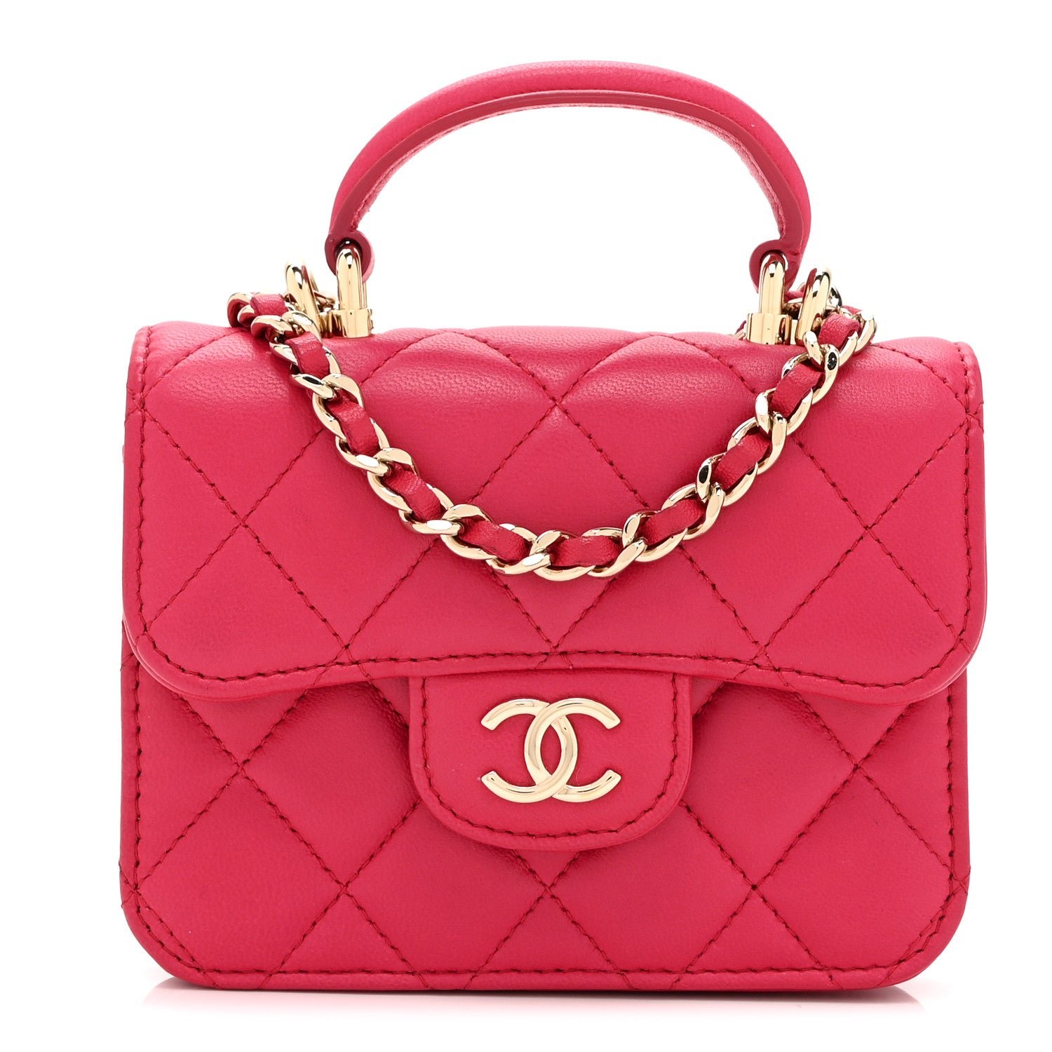 Chanel Lambskin Quilted Top Handle Flap Coin Purse With Chain Dark Pink