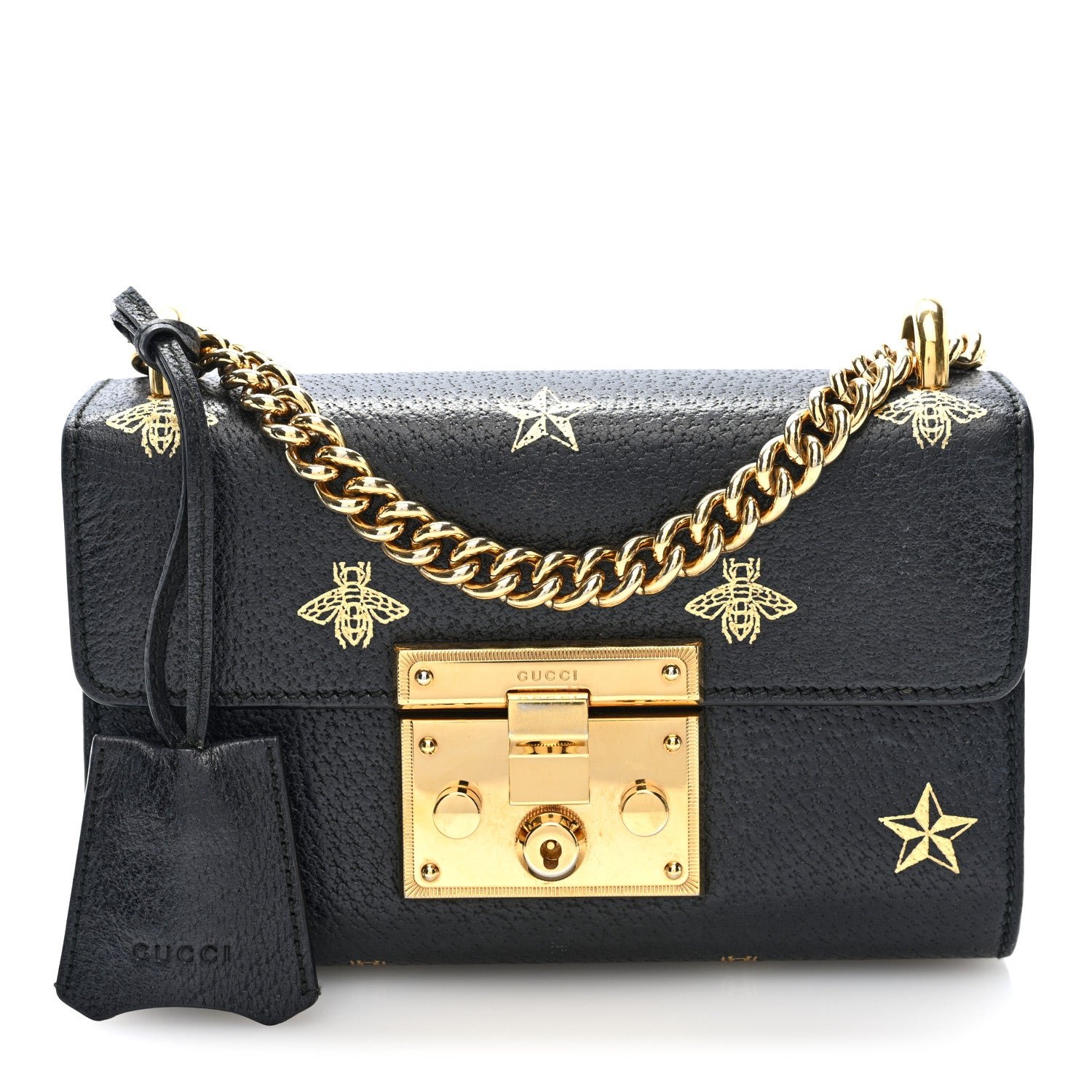 Gucci Grained Calfskin Bee Star Small Padlock Shoulder Bag Black