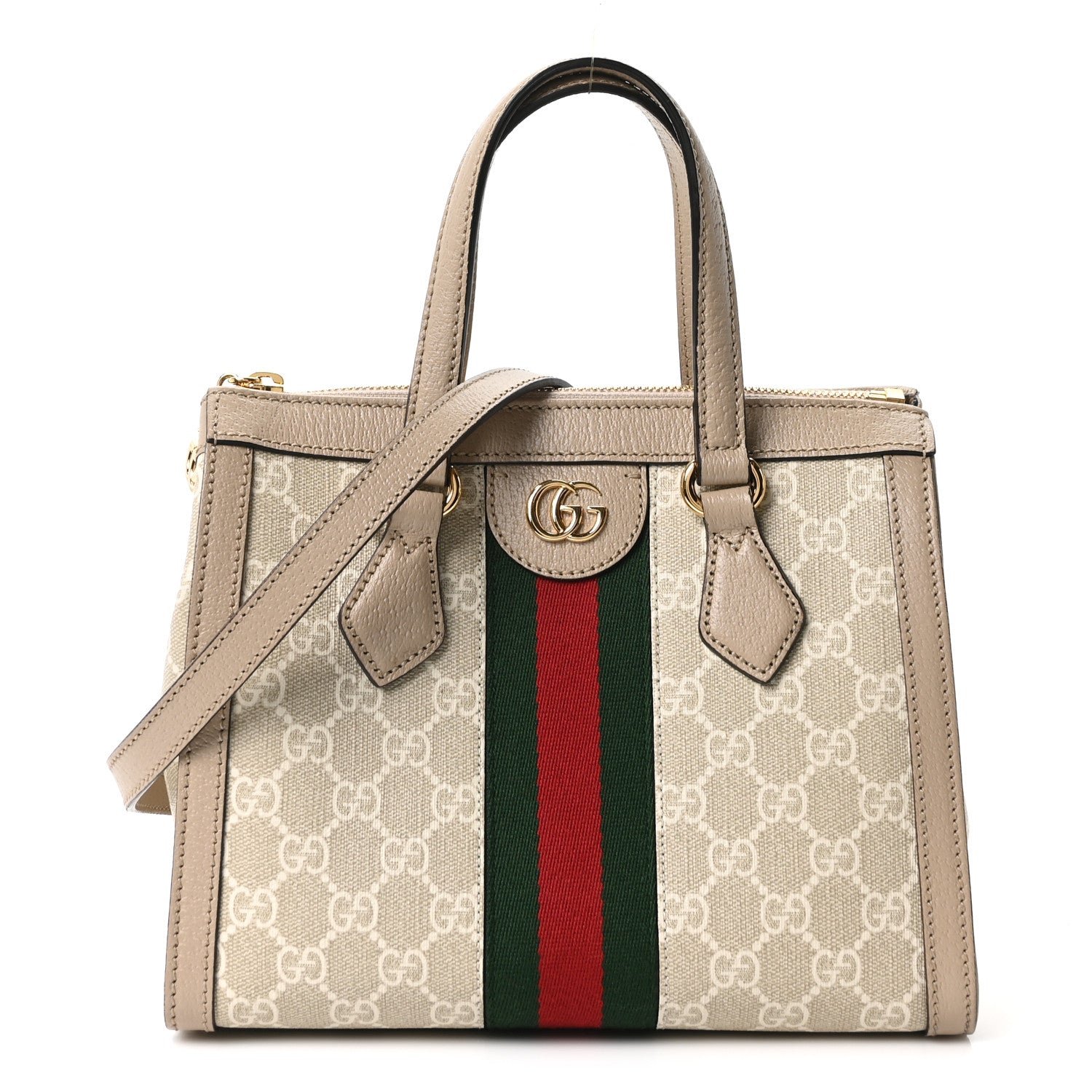 Gucci GG Supreme Monogram Textured Dollar Calfskin Web Small Ophidia Tote Bag Beige Mystic White Oatmeal