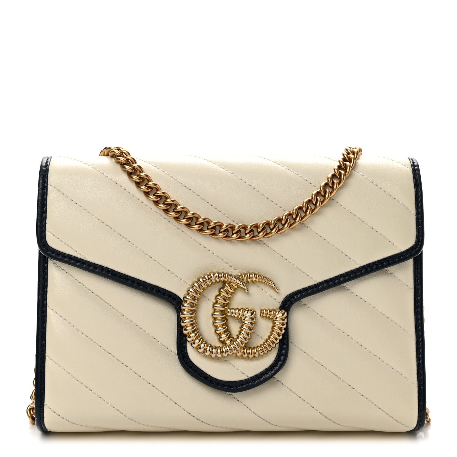 Gucci Vintage Effect Calfskin Matelasse Diagonal Torchon GG Marmont Chain Wallet Mystic White Blue Agata