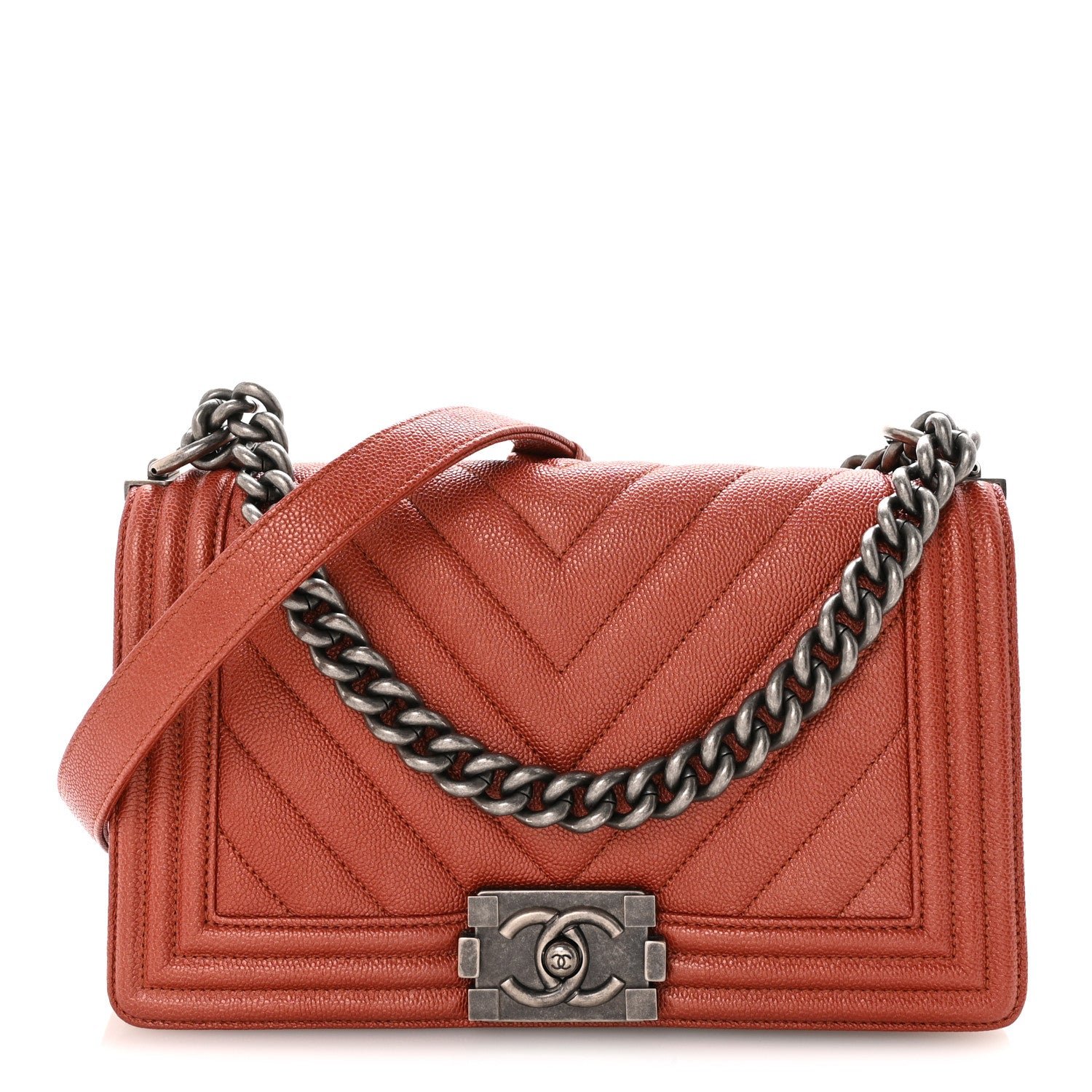 Chanel Metallic Caviar Chevron Quilted Medium Boy Flap Orange