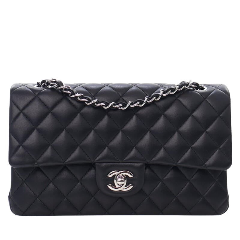 Chanel Black Lambskin Medium Classic Double Flap Bag Silver Hardware, 2020s
