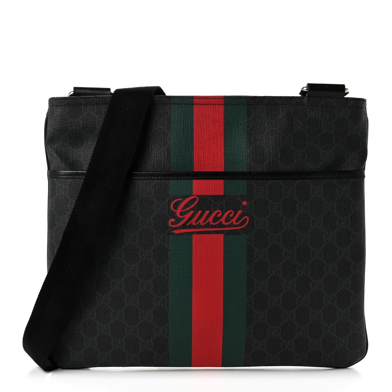 Gucci GG Supreme Monogram Web Medium Flat Messenger Bag Black Grey