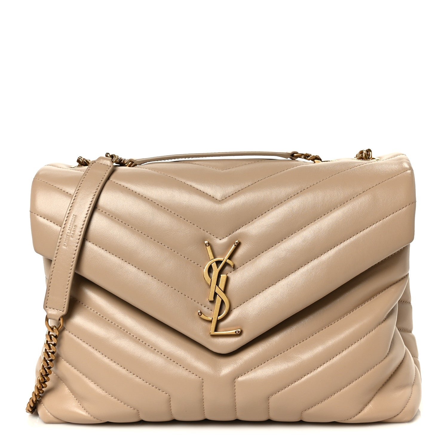 Saint Laurent Calfskin Y Quilted Monogram Medium Loulou Chain Satchel Dark Beige