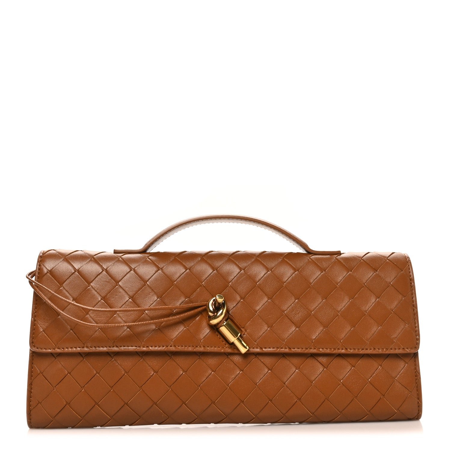 Bottega Veneta Nappa Intrecciato Long Andiamo Top Handle Clutch Cognac