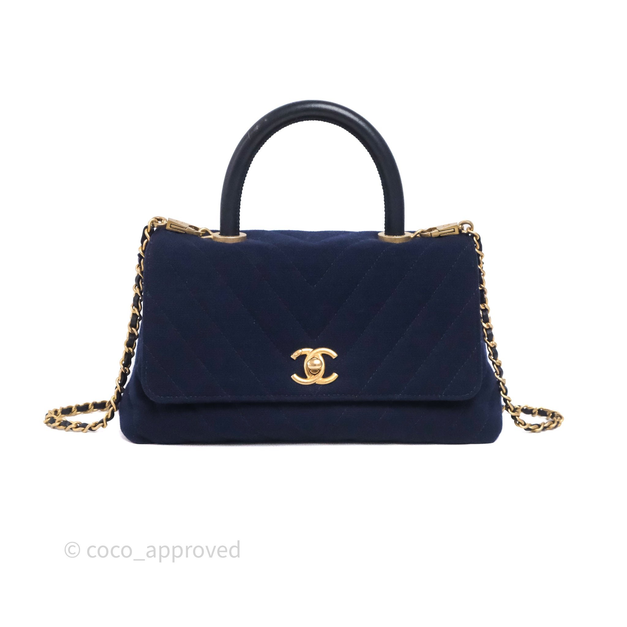 Chanel Coco Handle Navy Jersey Chevron Aged Gold Hardware