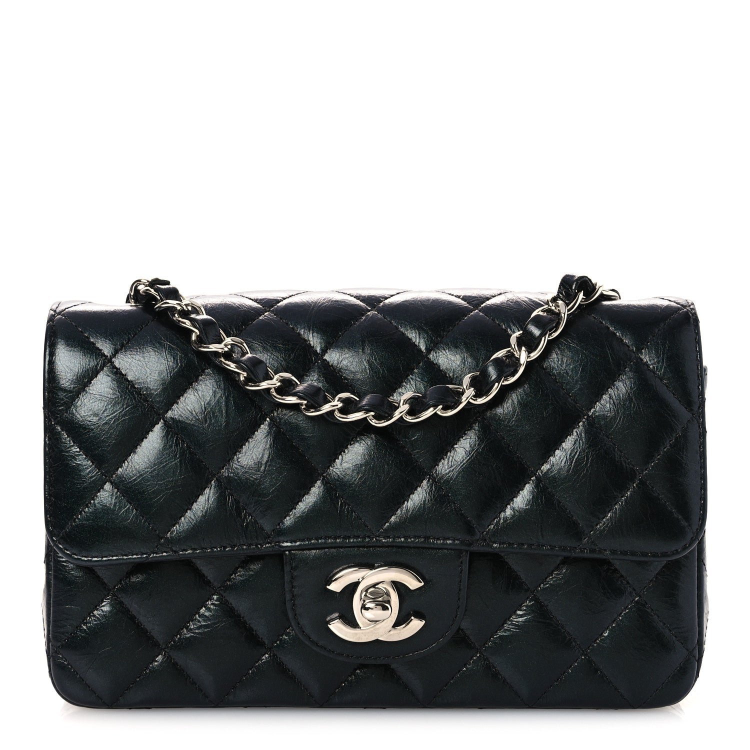 Metallic Aged Calfskin Quilted Mini Rectangular Flap  Green