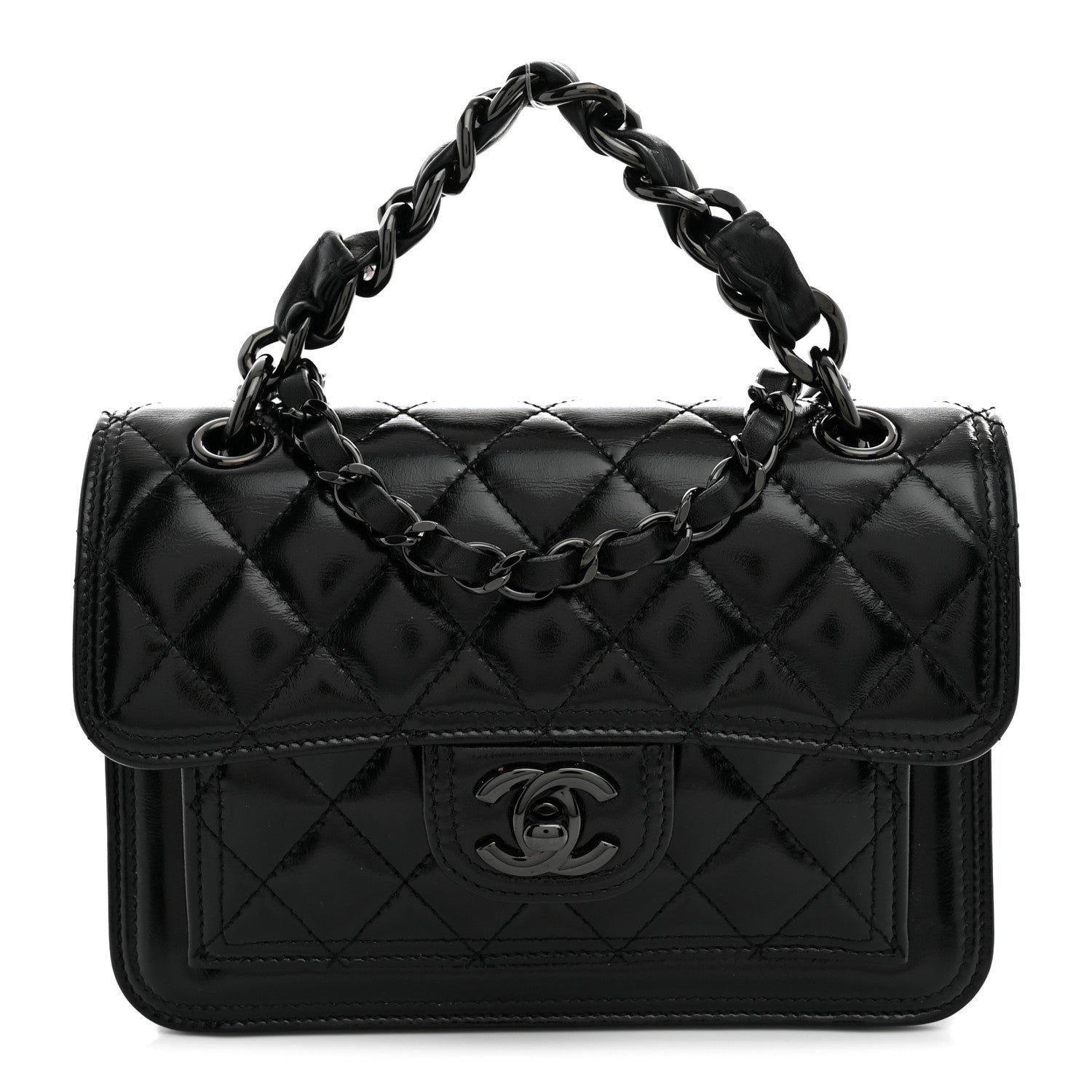 Chanel Shiny Crumpled Calfskin Quilted Double You Mini Flap So Black