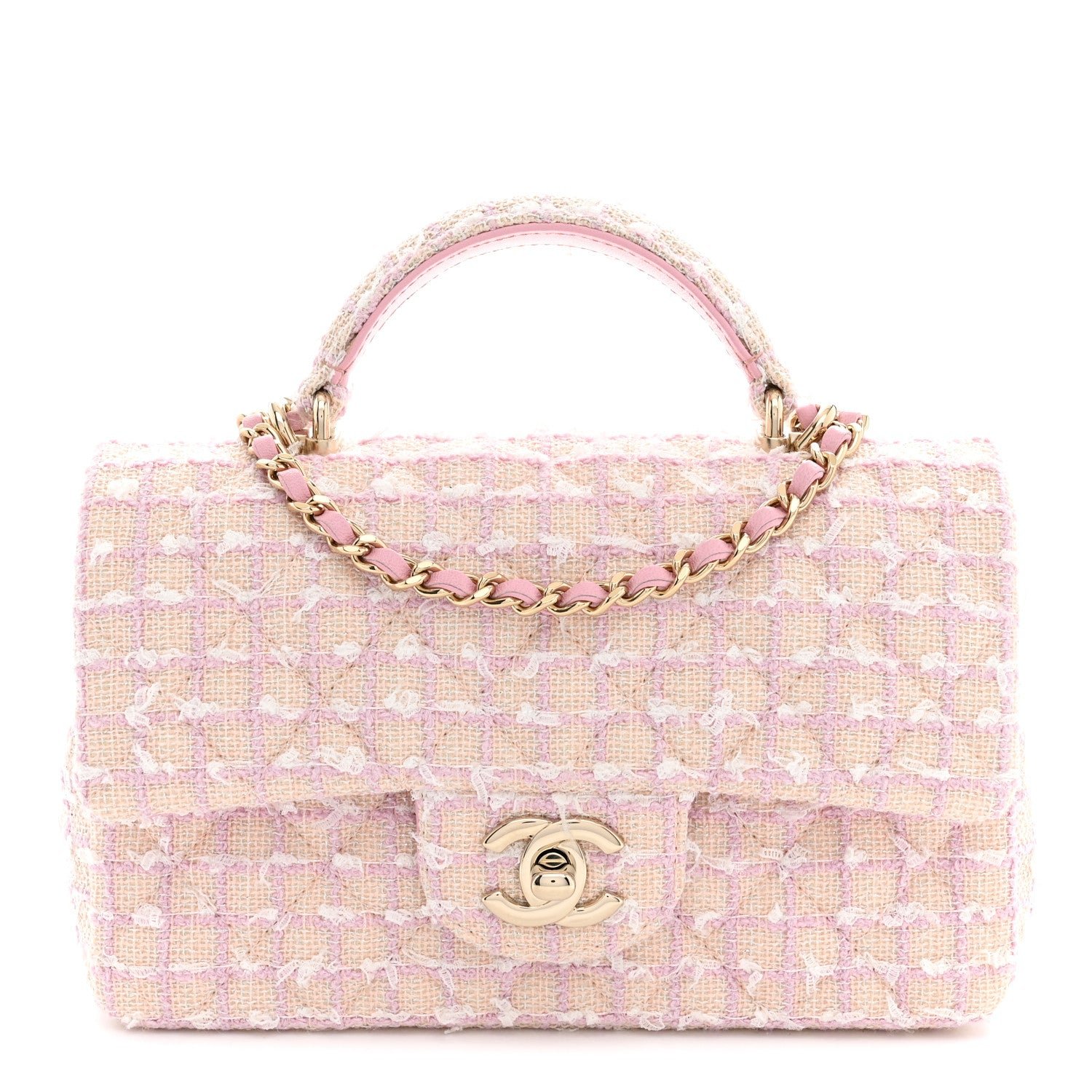 Chanel Tweed Quilted Mini Top Handle Rectangular Flap Light Pink