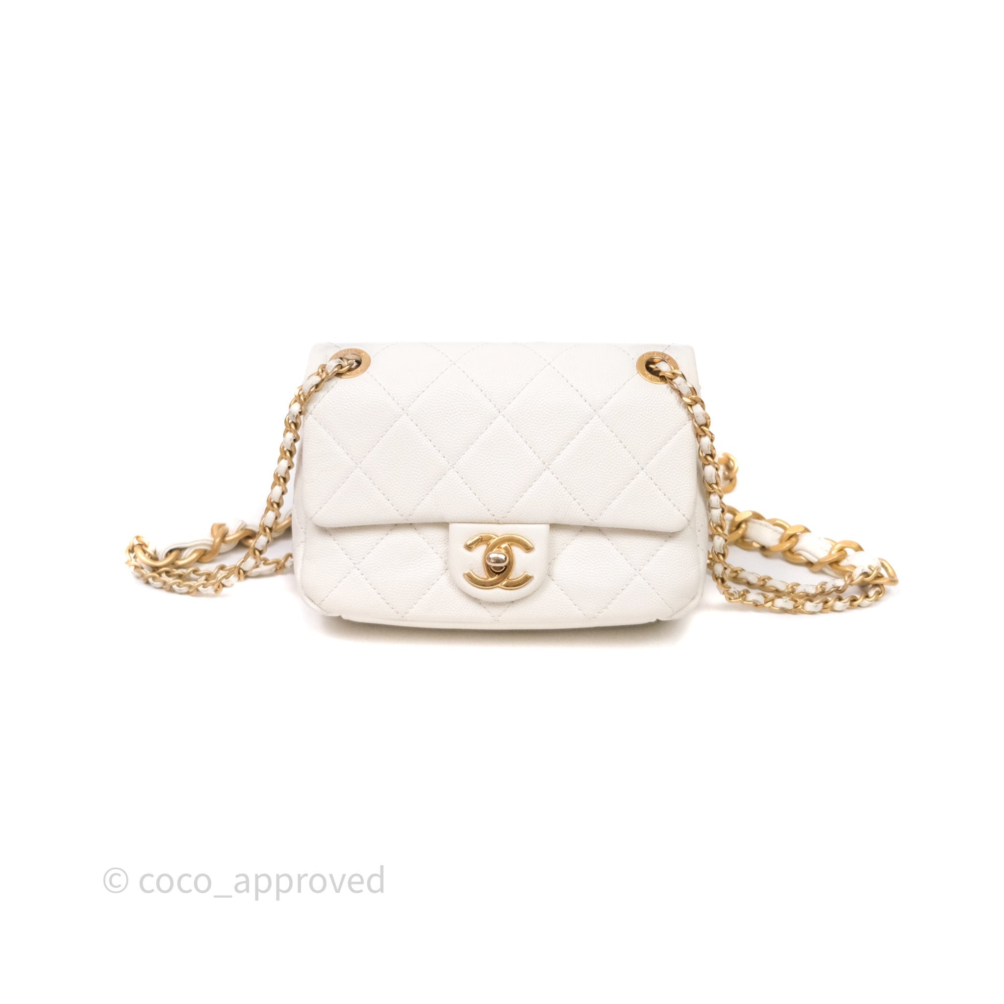 Chanel Mini Flap White Caviar Bag Double Chain Gold Hardware