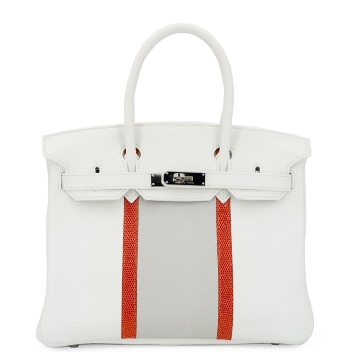 Hermes HERMÈS Limited Edition Birkin Club 30 handbag in Snow White and Pearl Gray Clemence leather and Sanguine Lizard skin with Palladium hardware