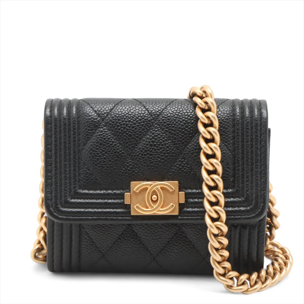 Chanel Boy Chanel Caviar Skin Chain Shoulder Bag Coin purse Black Gold Metal Fit