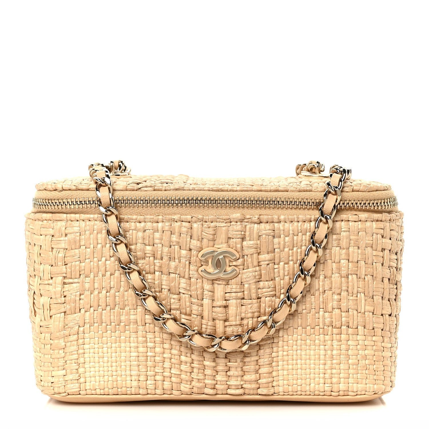 Chanel Braided Raffia Top Handle Slim Vanity Case With Chain Beige