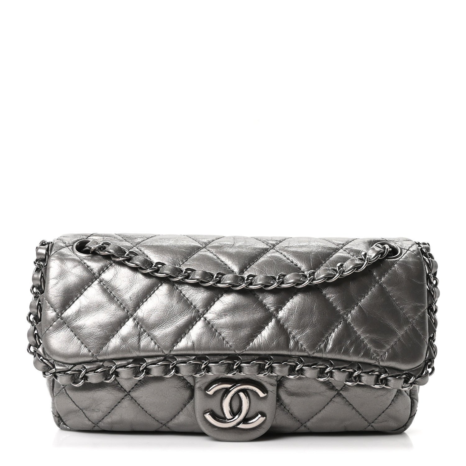 Chanel Metallic Calfskin Quilted Medium Chain Me Flap Grey