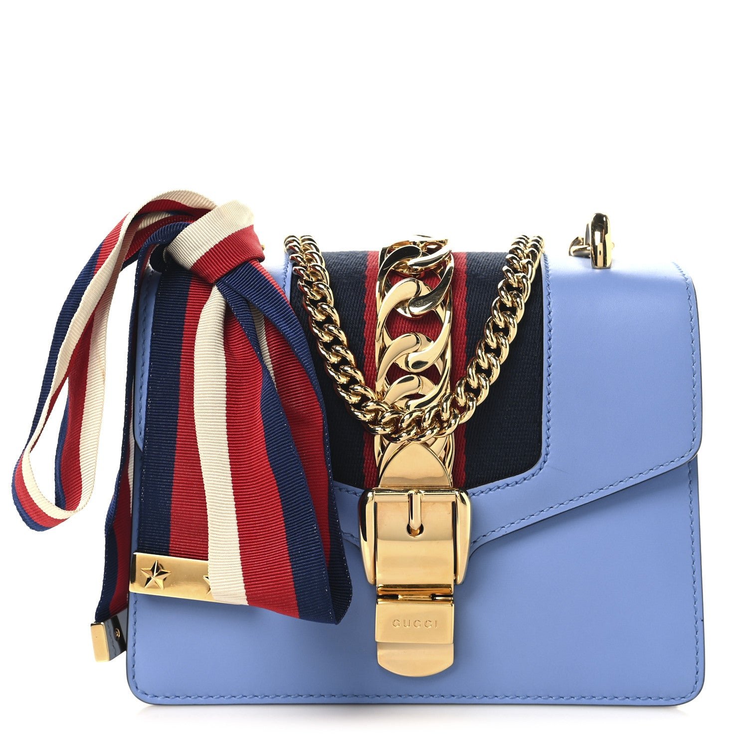 Gucci Calfskin Mini Sylvie Chain Shoulder Bag Clear Sky Blue