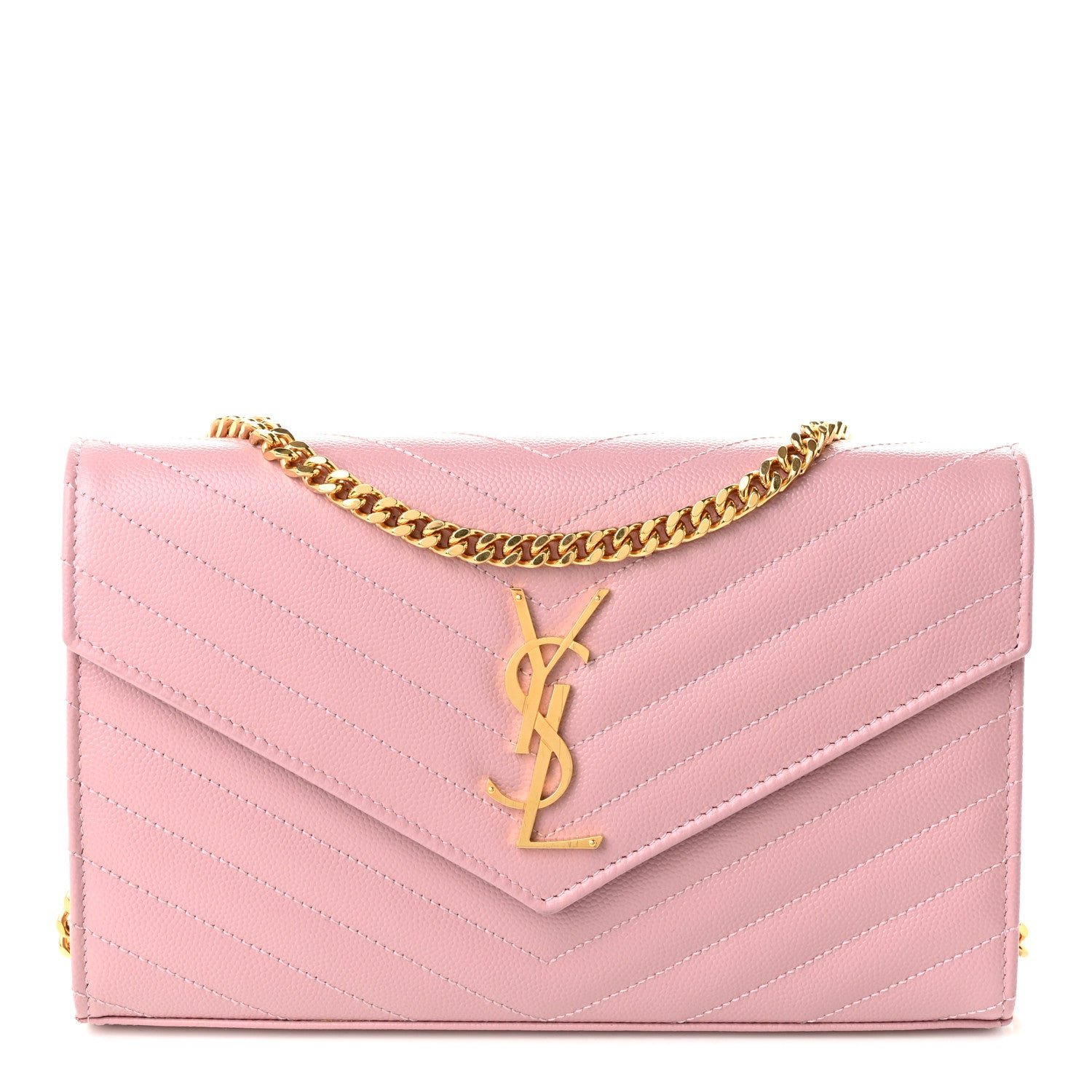 Saint Laurent Grain De Poudre Matelasse Chevron Monogram Chain Wallet Tender Pink