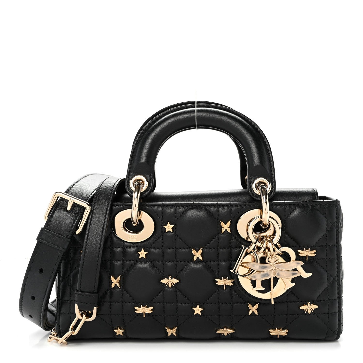 Christian Dior Lambskin Cannage Butterfly Studs Small Lady D-Joy Black