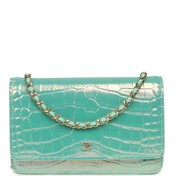 Chanel Wallet on Chain WOC Turquoise Iridescent Croc Embossed Calfskin Gold Hardware
