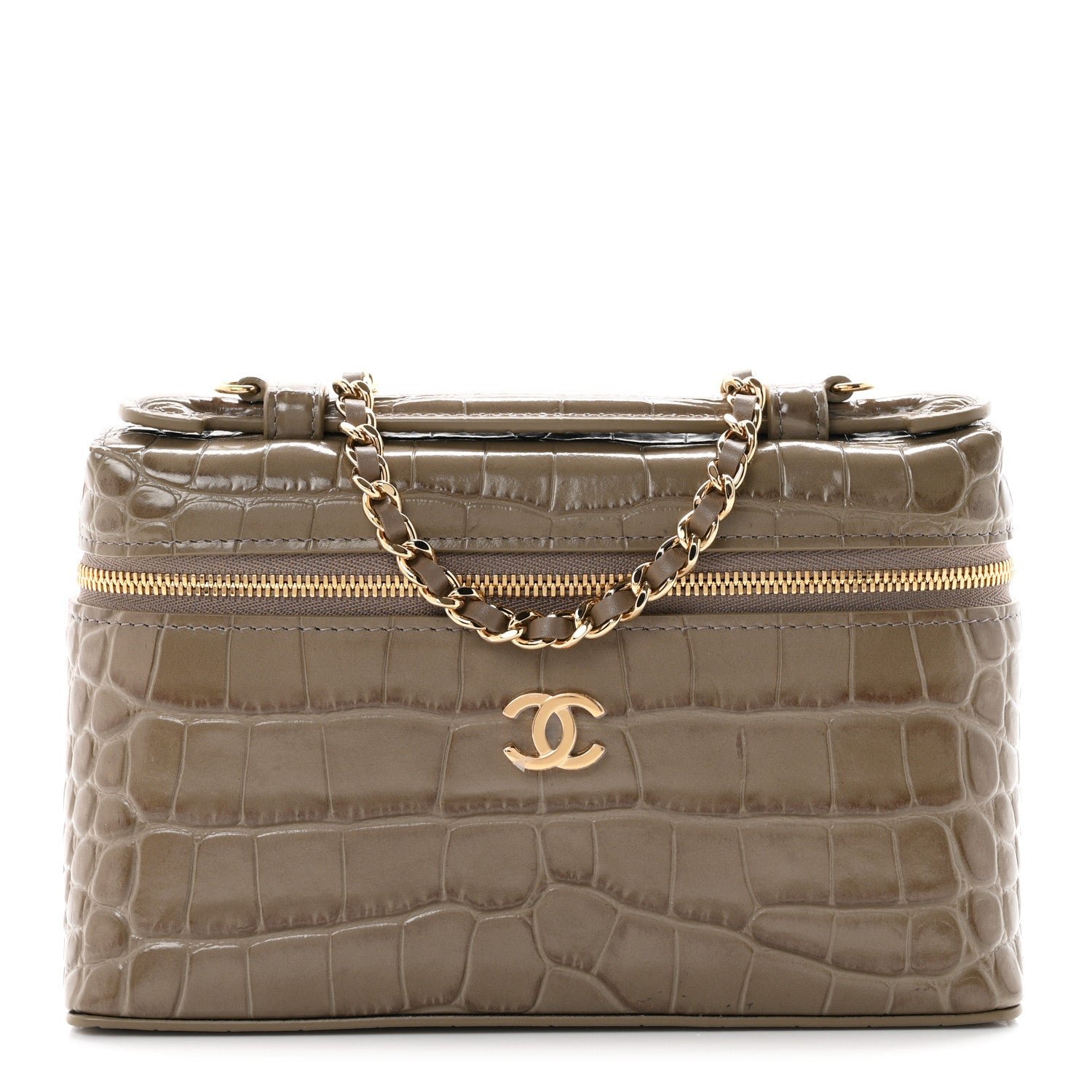 Chanel Calfskin Crocodile Embossed Top Handle Trapeze Small Vanity Case With Chain Dark Khaki