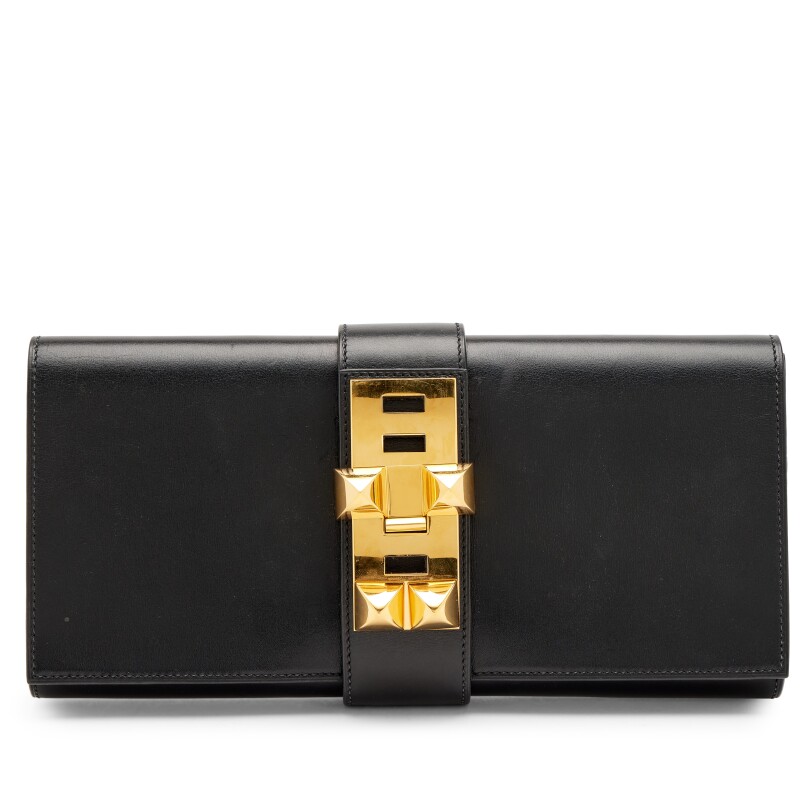 Hermes Black Tadelakt Medor 29 Clutch Gold Hardware, 2006