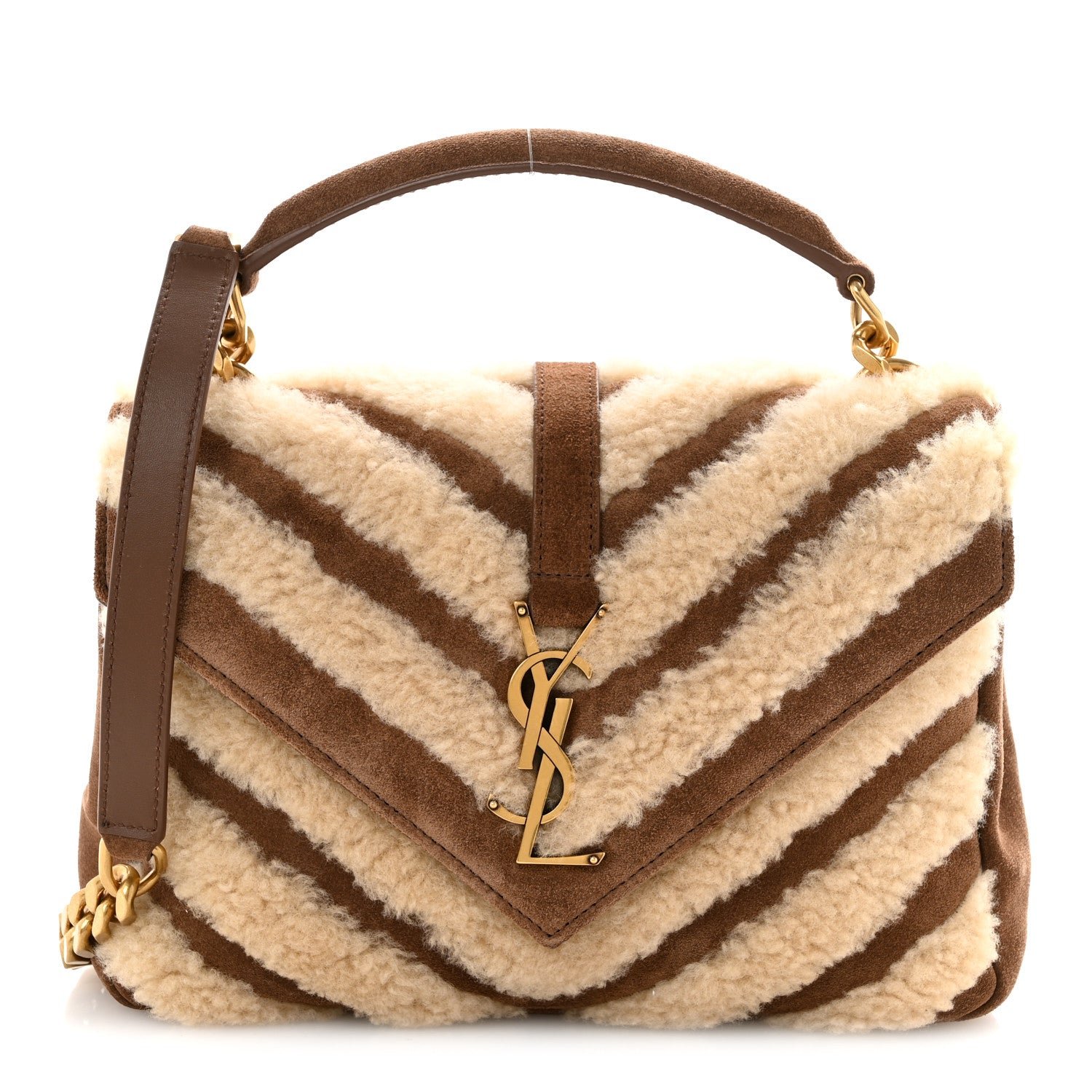 Saint Laurent Nubuck Shearling Chevron Monogram Medium College Bag Dark Cigar Natural Beige