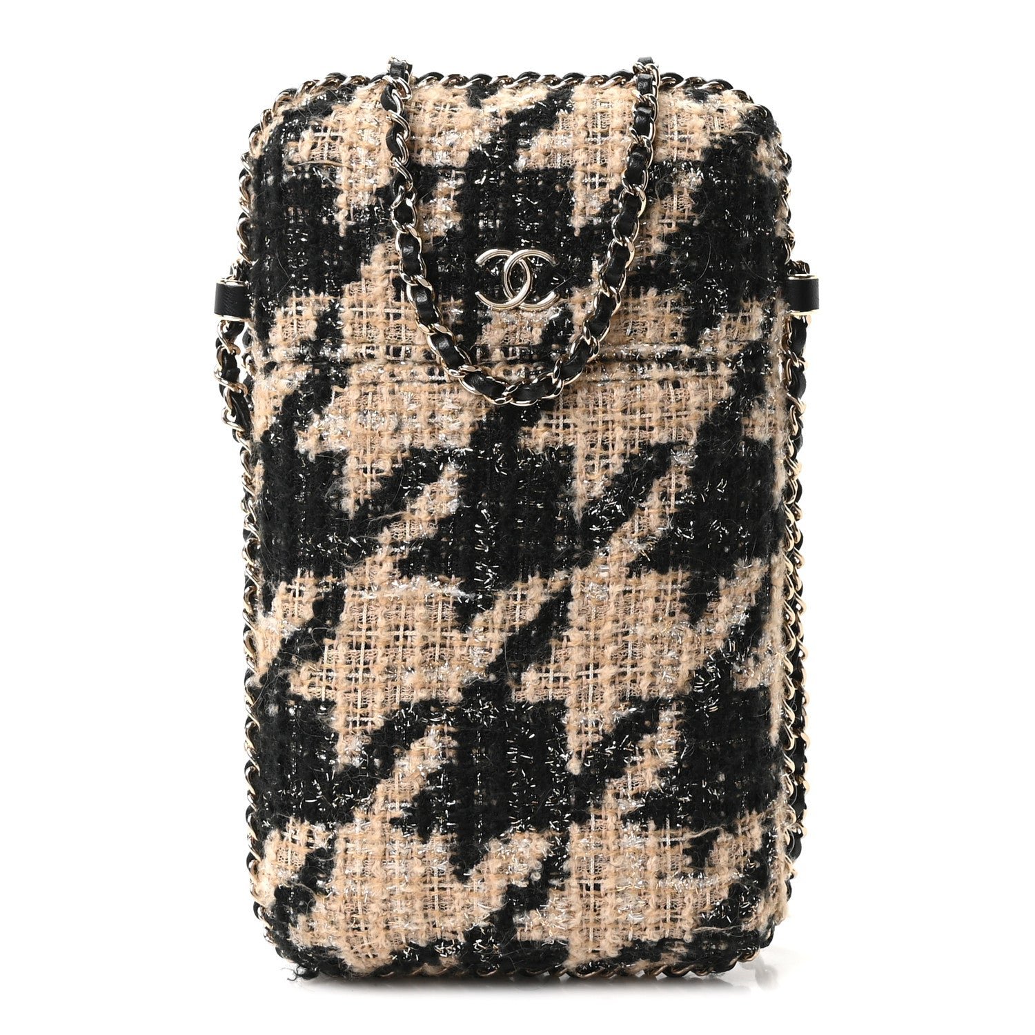 Chanel Tweed Chain Around Phone Holder Beige Black
