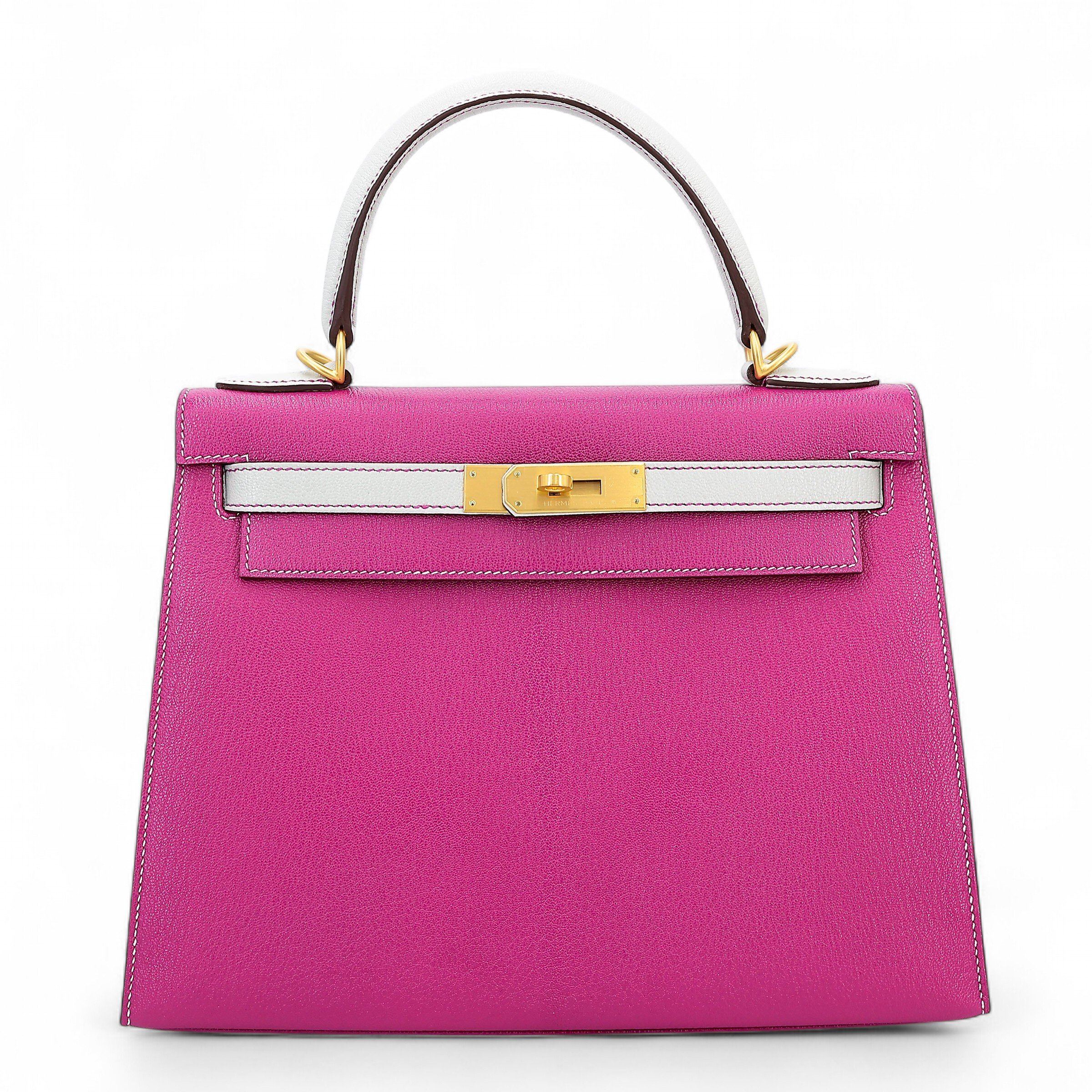Excellent ( Rank SA ) HERMÈS Special Order Kelly 28 Sellier HSS Gris Perle (80) Rose Purple (L3) Chevre Brushed Gold hardware D (2019)