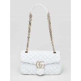 Gucci White/Blue Quilted Sponge Boucle Fabric Marmont Small Flap Bag