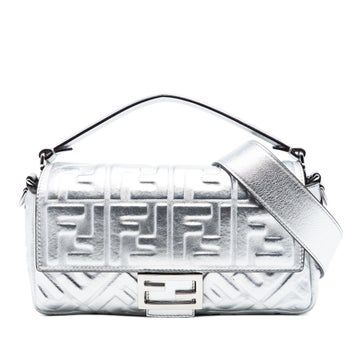 Calf Leather Medium Metallic Leather Embossed FF Baguette Satchel