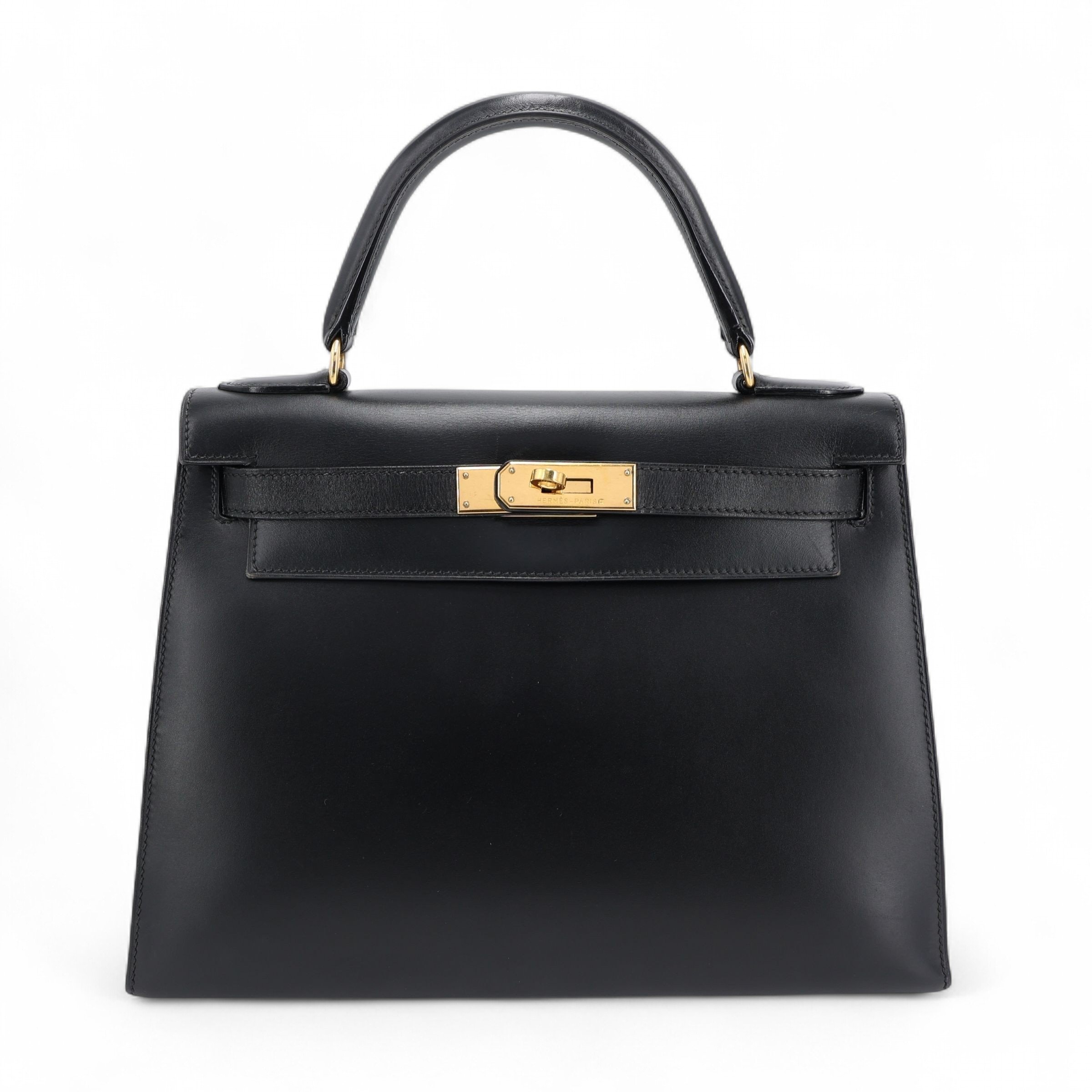 Hermes Good ( Rank AB) HERMÈS Kelly 28 Sellier Noir (89) Box-calf Gold hardware Square B (1998)