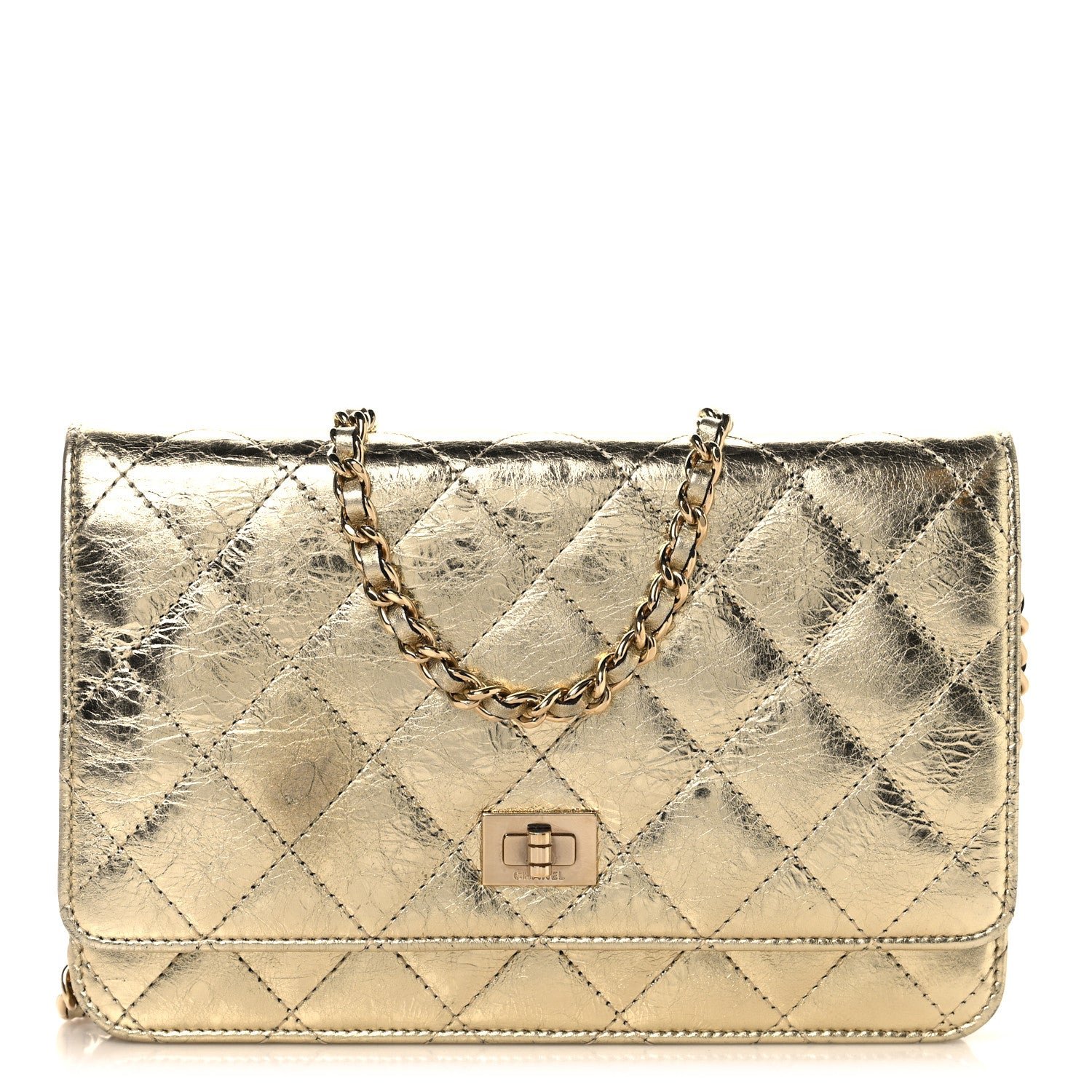 Chanel Metallic Aged Calfskin Quilted Reissue Wallet On Chain WOC Gold