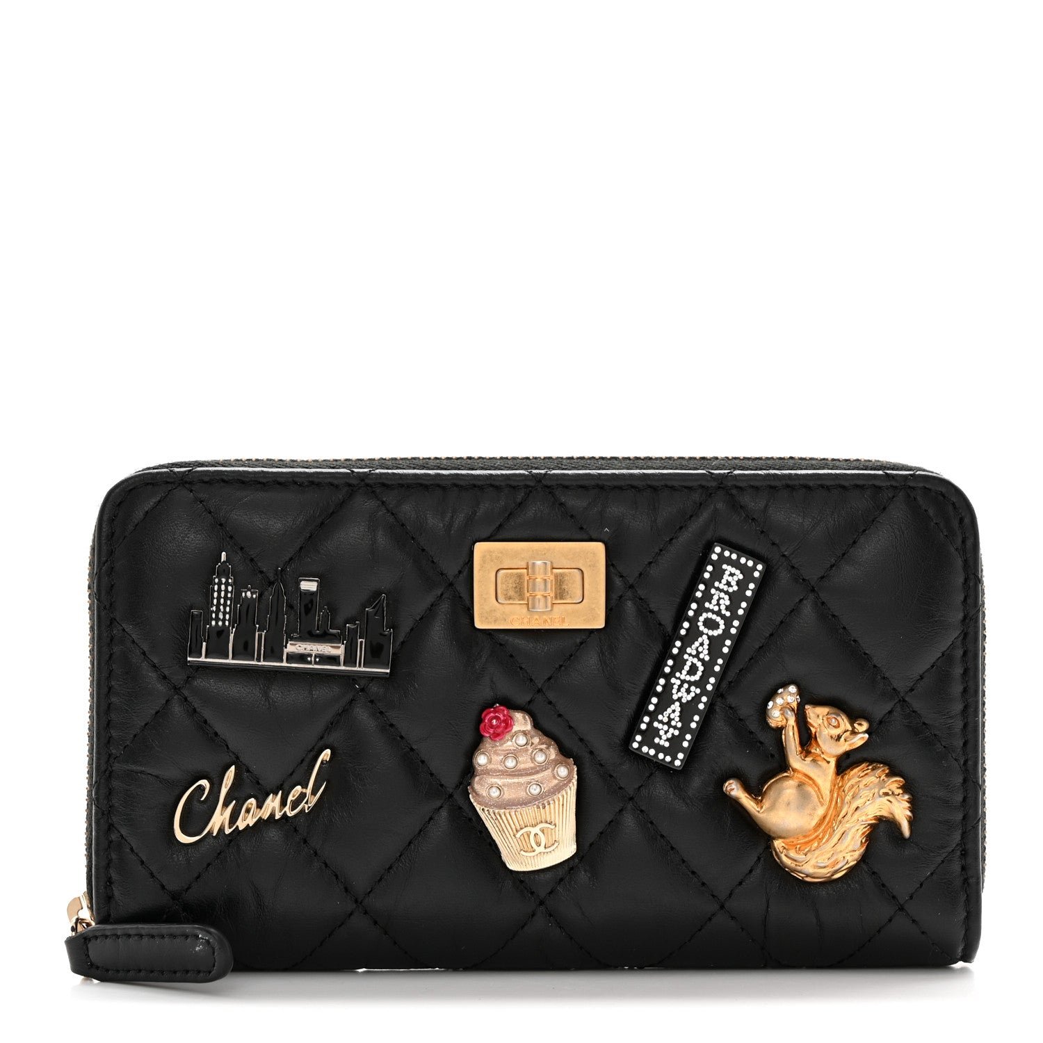 Chanel Aged Calfskin Quilted Small New York Charms 2.55 Reissue Zip Around Wallet Black