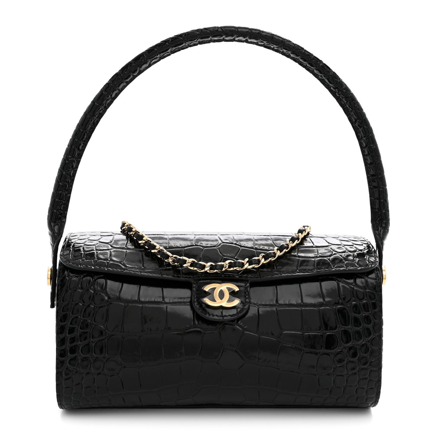 Chanel Crocodile Embossed Quilted Turn Around Clutch With Chain Black