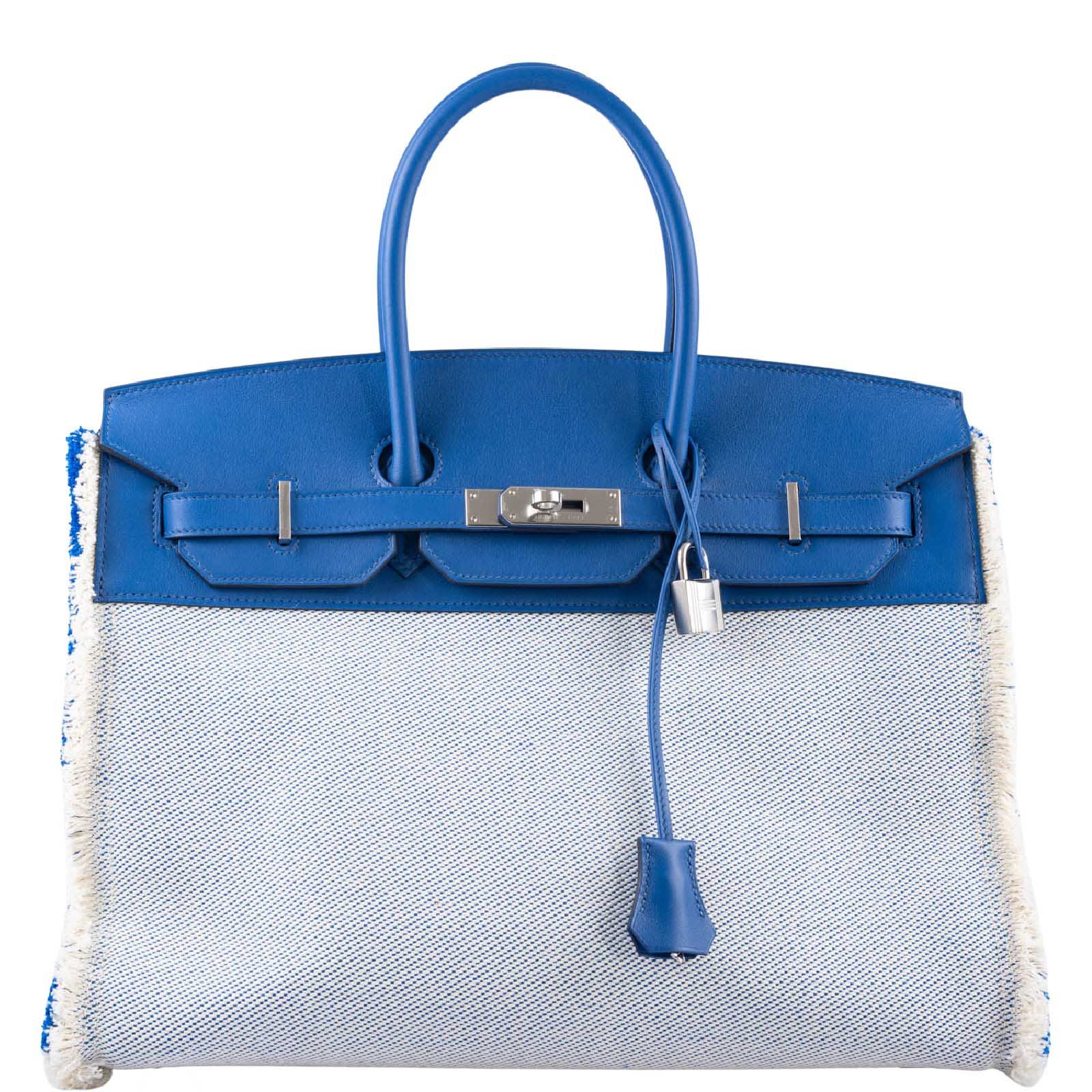 Hermes Hermès Fray Fray Birkin 35 Sellier Bleu France Swift and Twill H Canvas Palladium Hardware