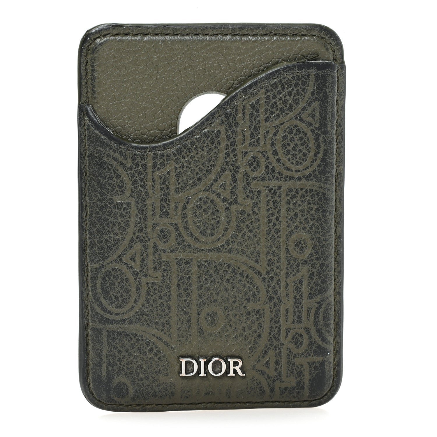 Christian Dior Grained Calfskin Embossed Dior Gravity Magnetic Saddle Card Holder Kaki