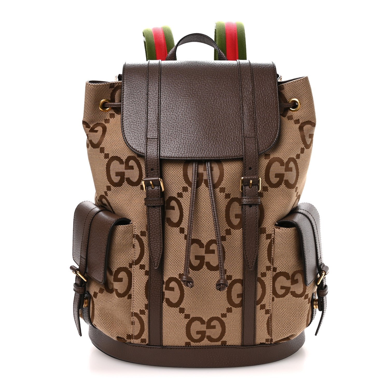 Gucci Monogram Jumbo GG Textured Dollar Calfskin Web Double Buckle Backpack Camel Ebony New Acero Camel Ebony New Acero