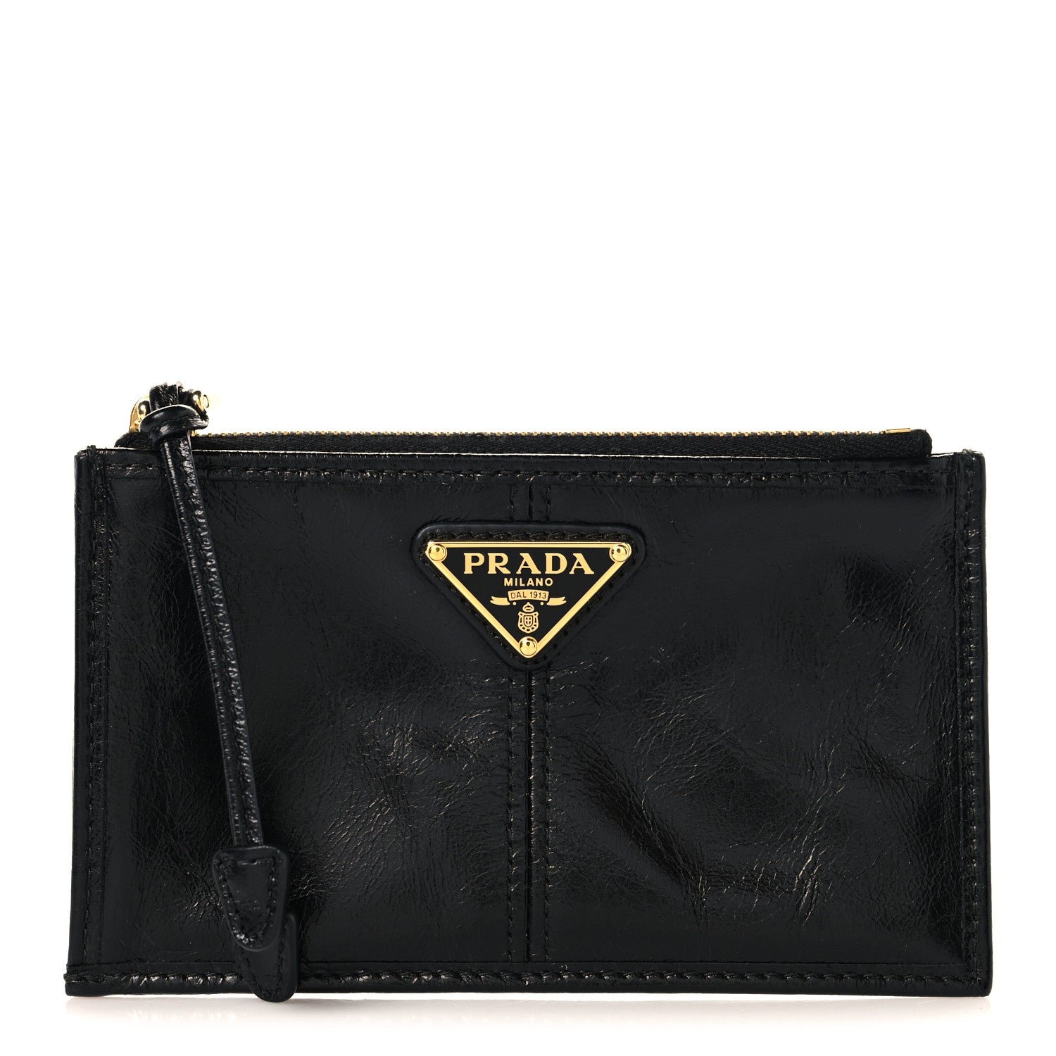Prada Glossy Calfskin Triangle Zip Card Holder Black