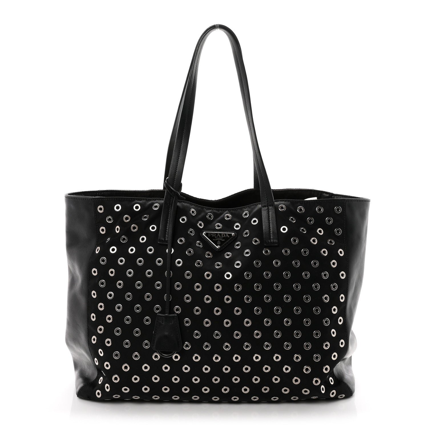 Prada Tessuto Nylon Calfskin Grommet Tote Black