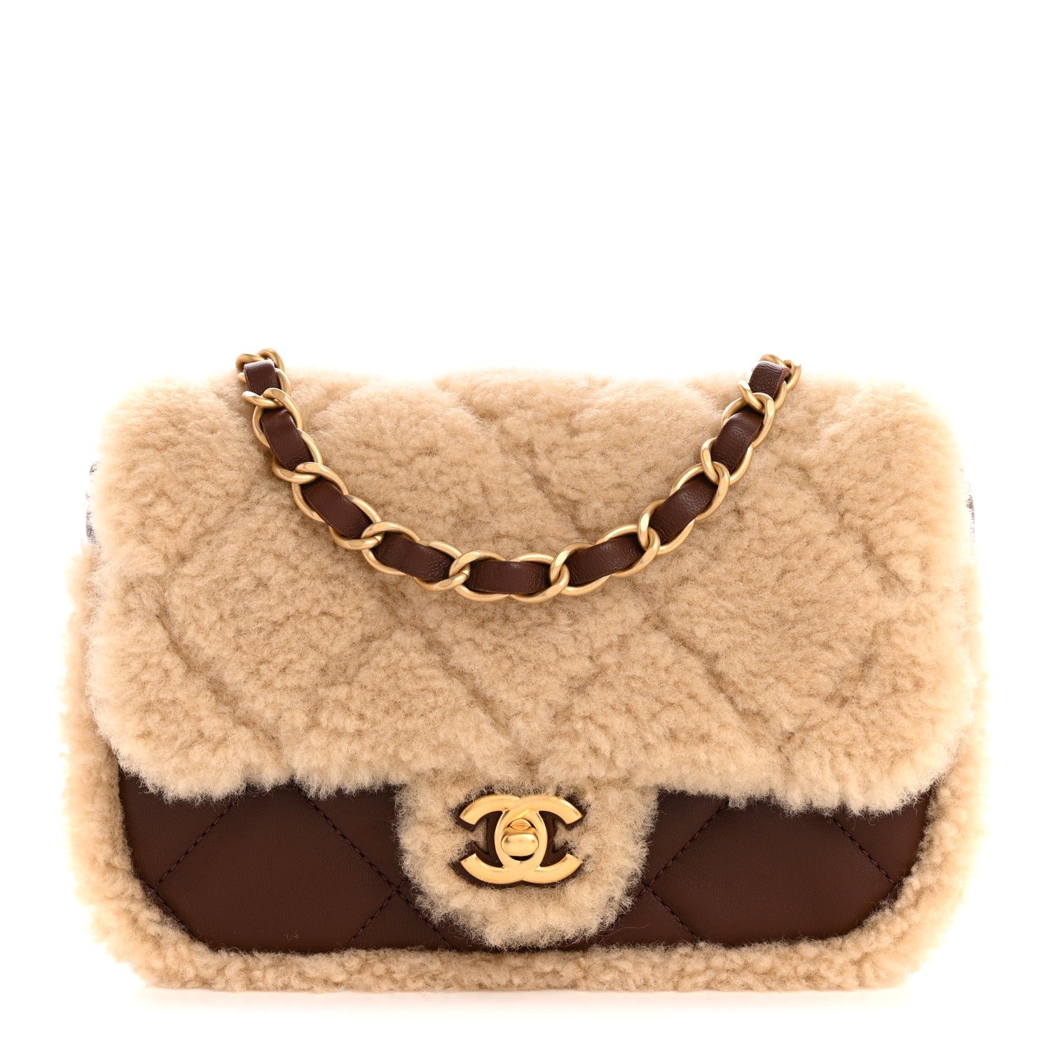 Chanel Chanel Shearling Lambskin Quilted Mini Furry Coco Flap Beige Dark Brown