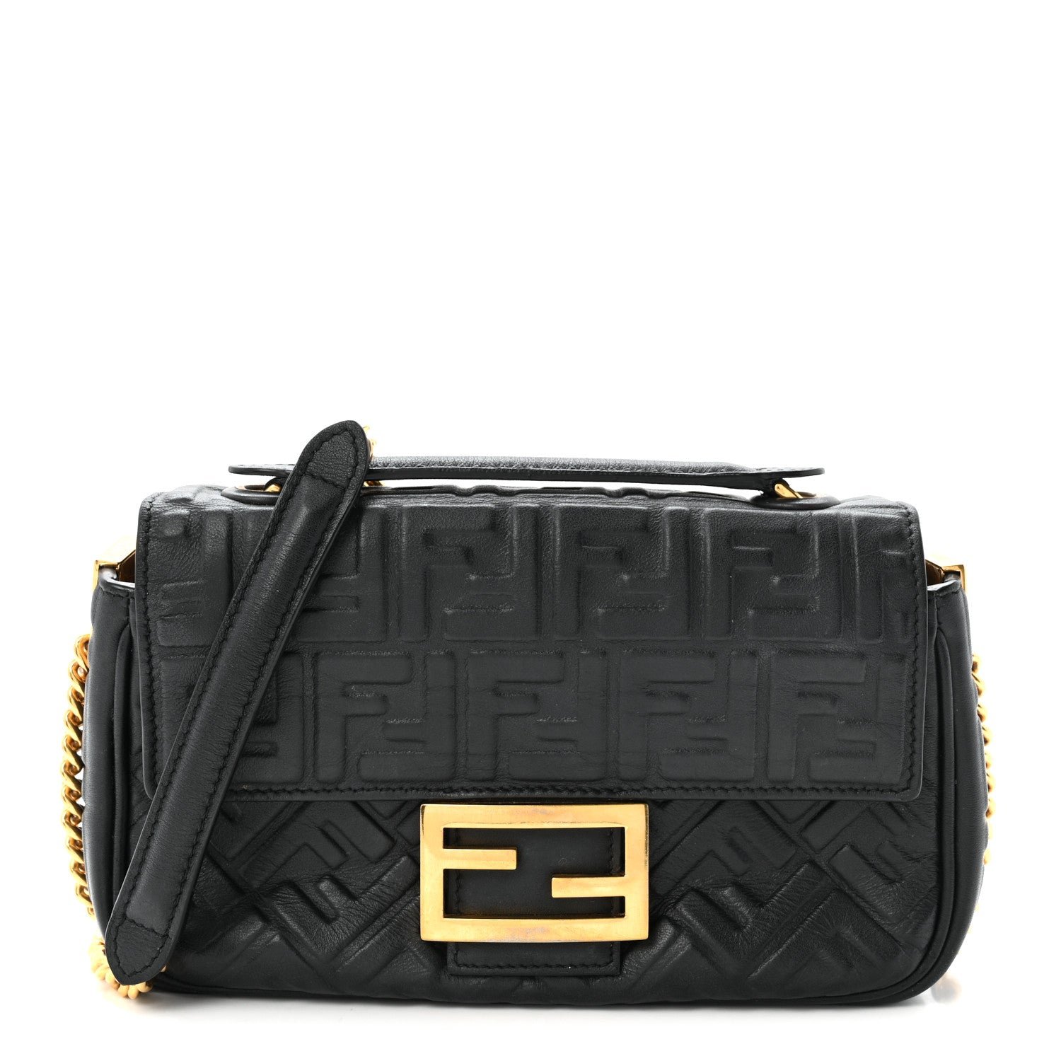 Fendi Nappa Small FF Embossed Midi Chain Baguette Black