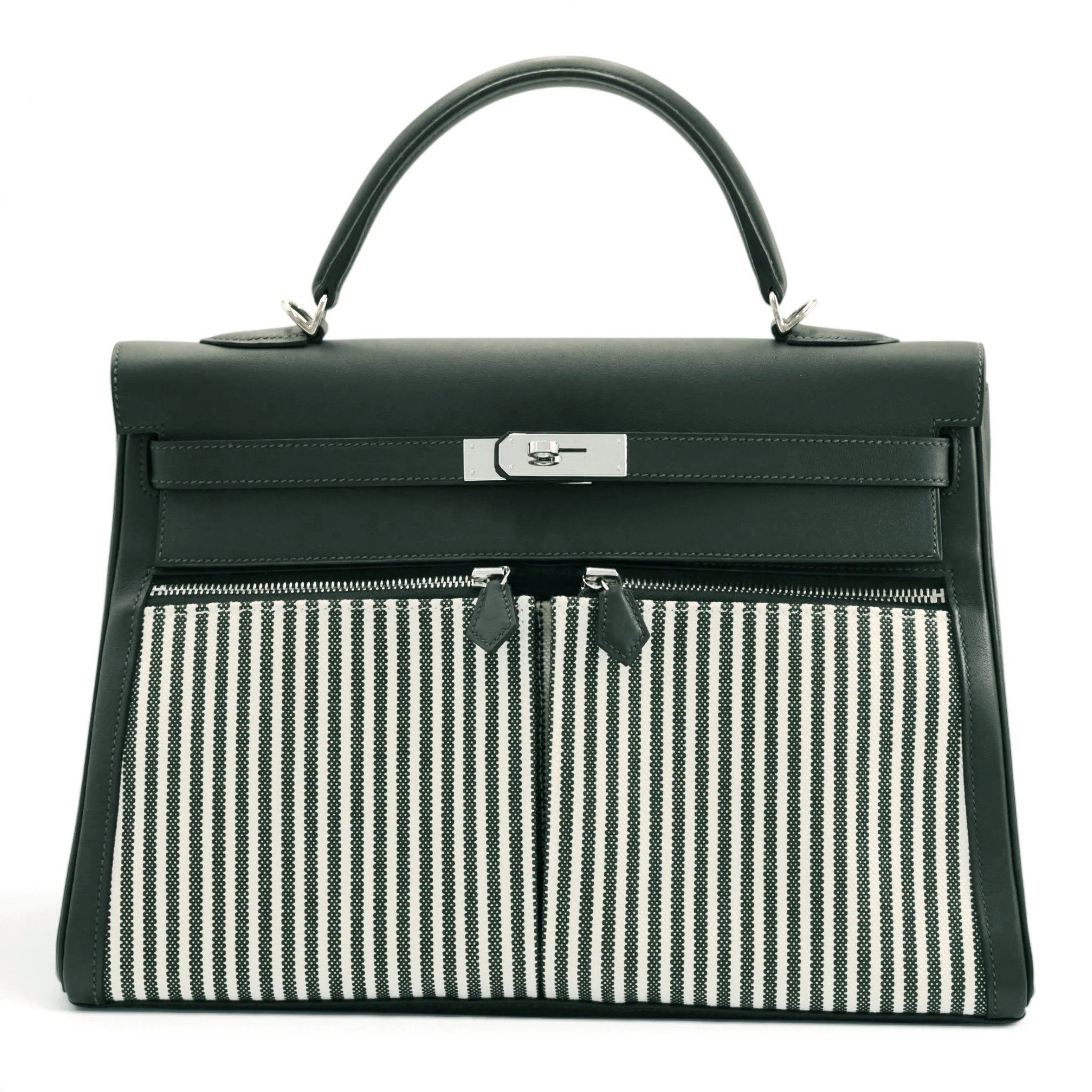 Very Good ( Rank A) HERMÈS Kelly Lakis 35 Vert Anglais (2Q) Swift Toile H canvas Palladium hardware X (2016)
