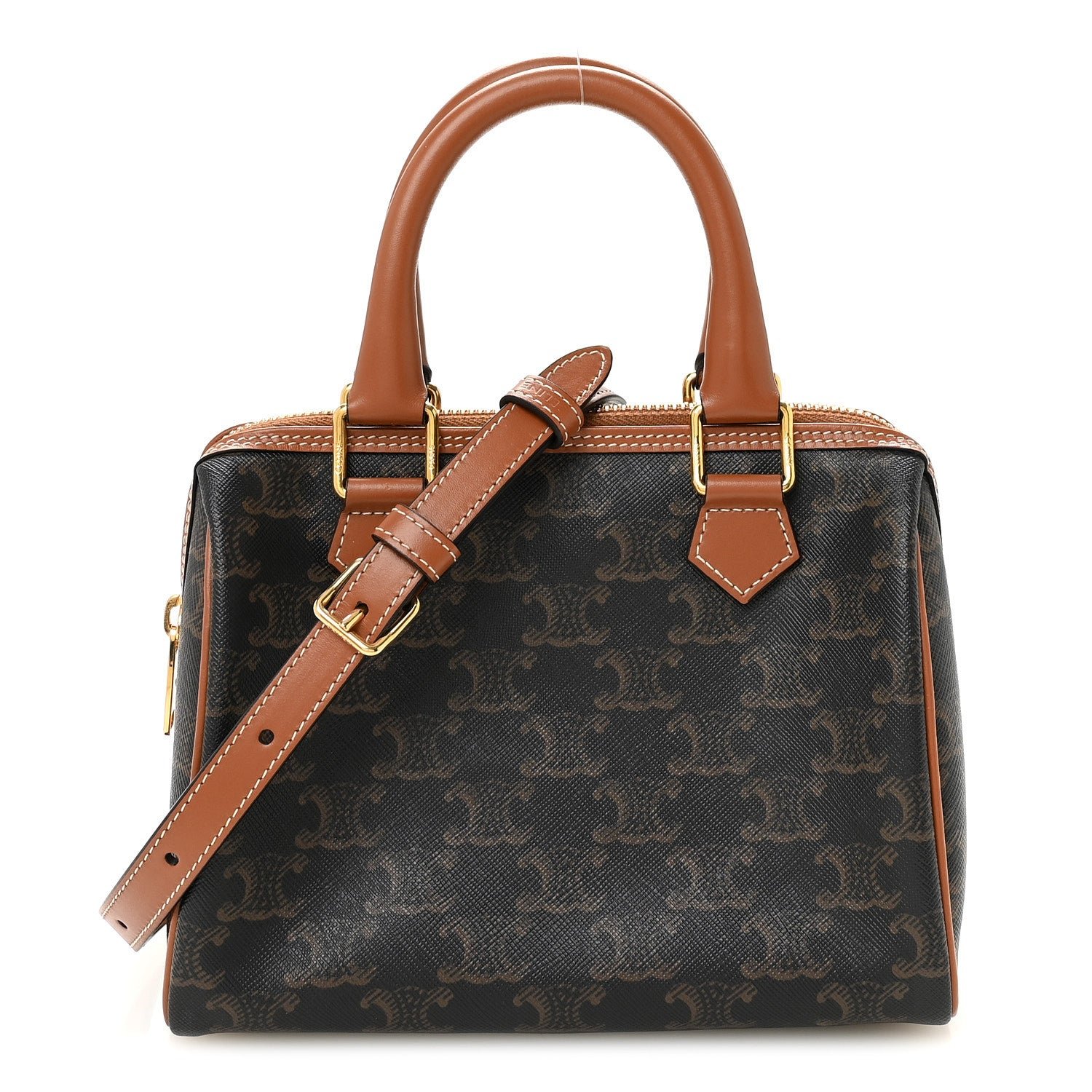 Celine Triomphe Canvas Calfskin Small Boston Bag Tan
