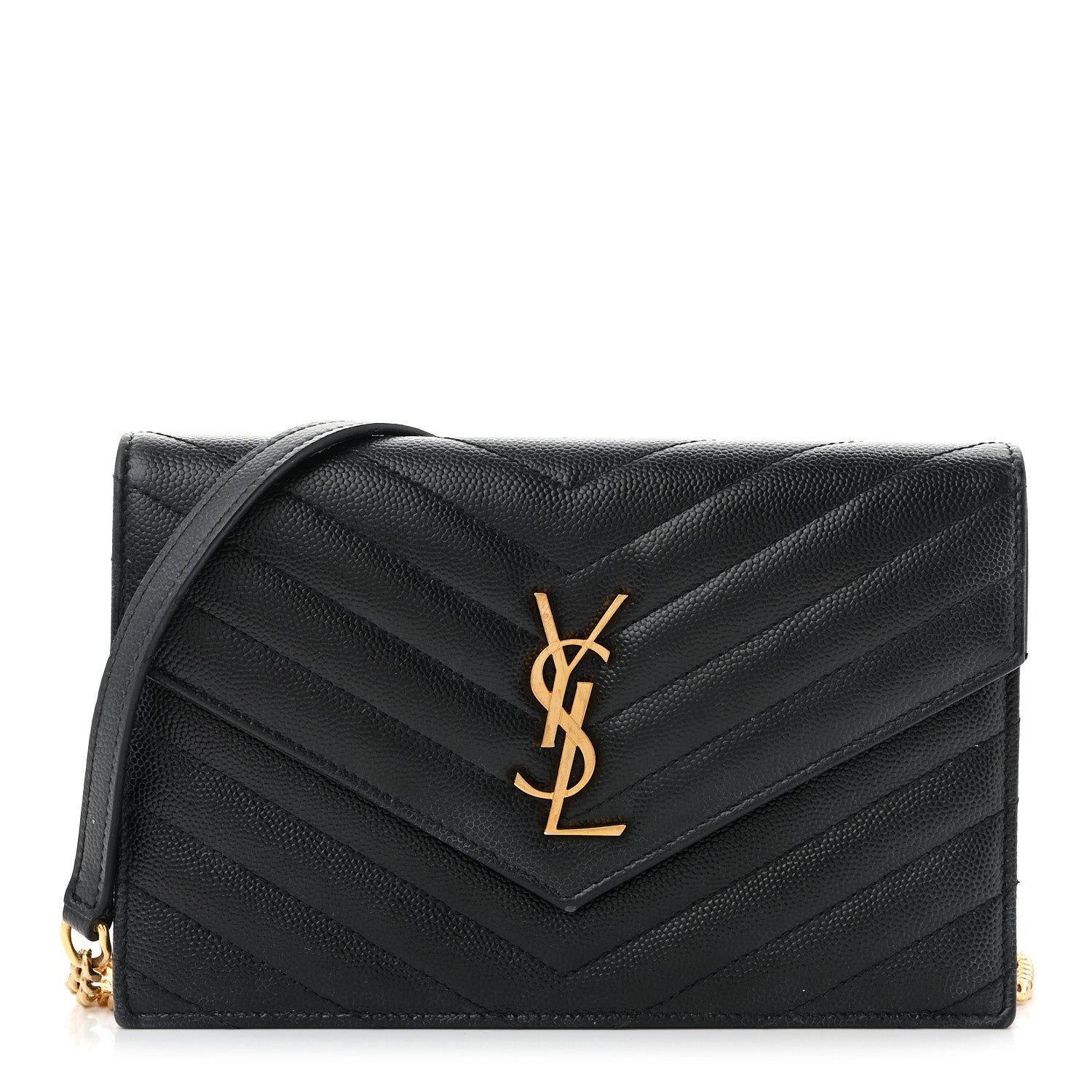 Saint Laurent Grain De Poudre Matelasse Chevron Monogram Envelope Chain Wallet Black