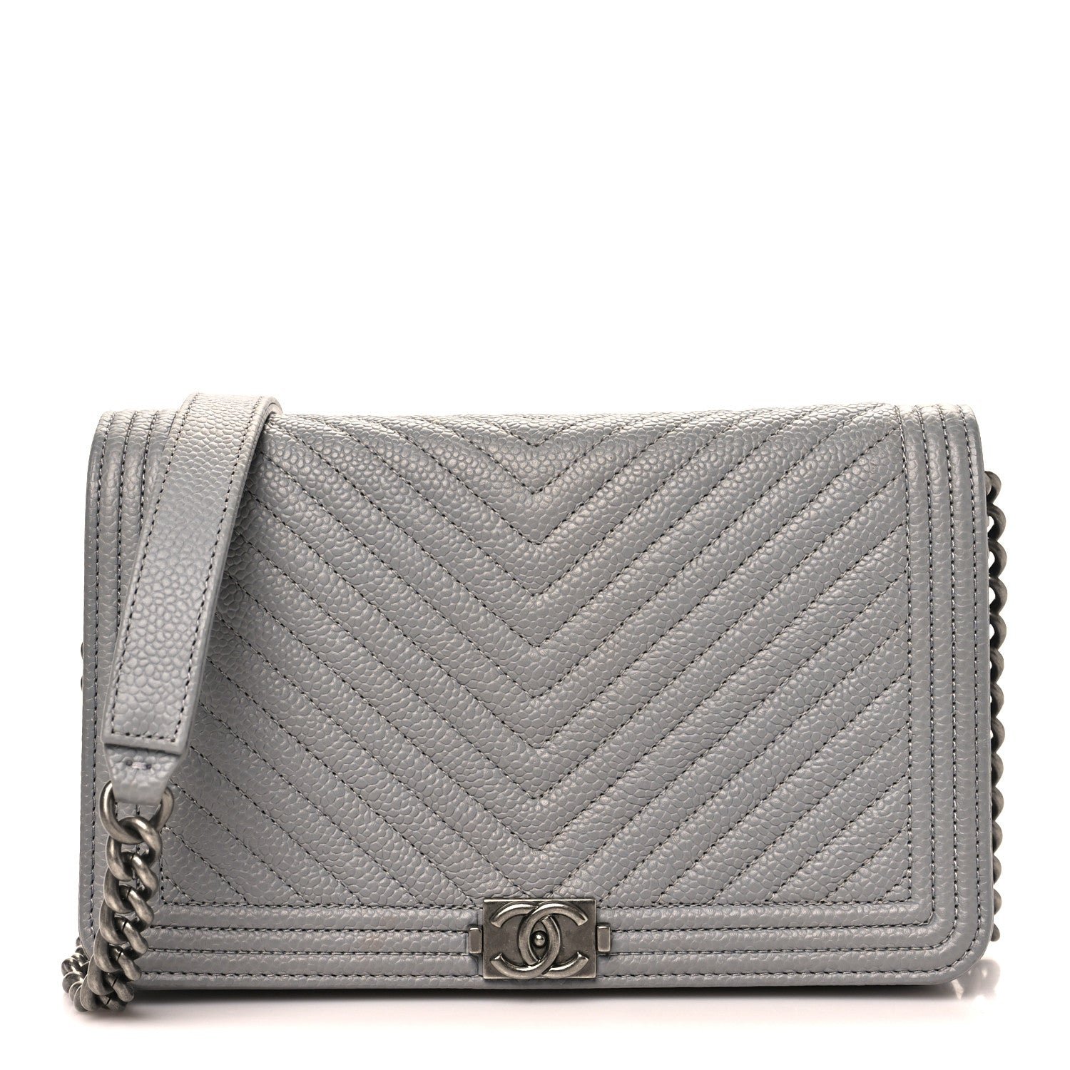 Chanel Caviar Chevron Quilted Boy Wallet On Chain WOC Grey
